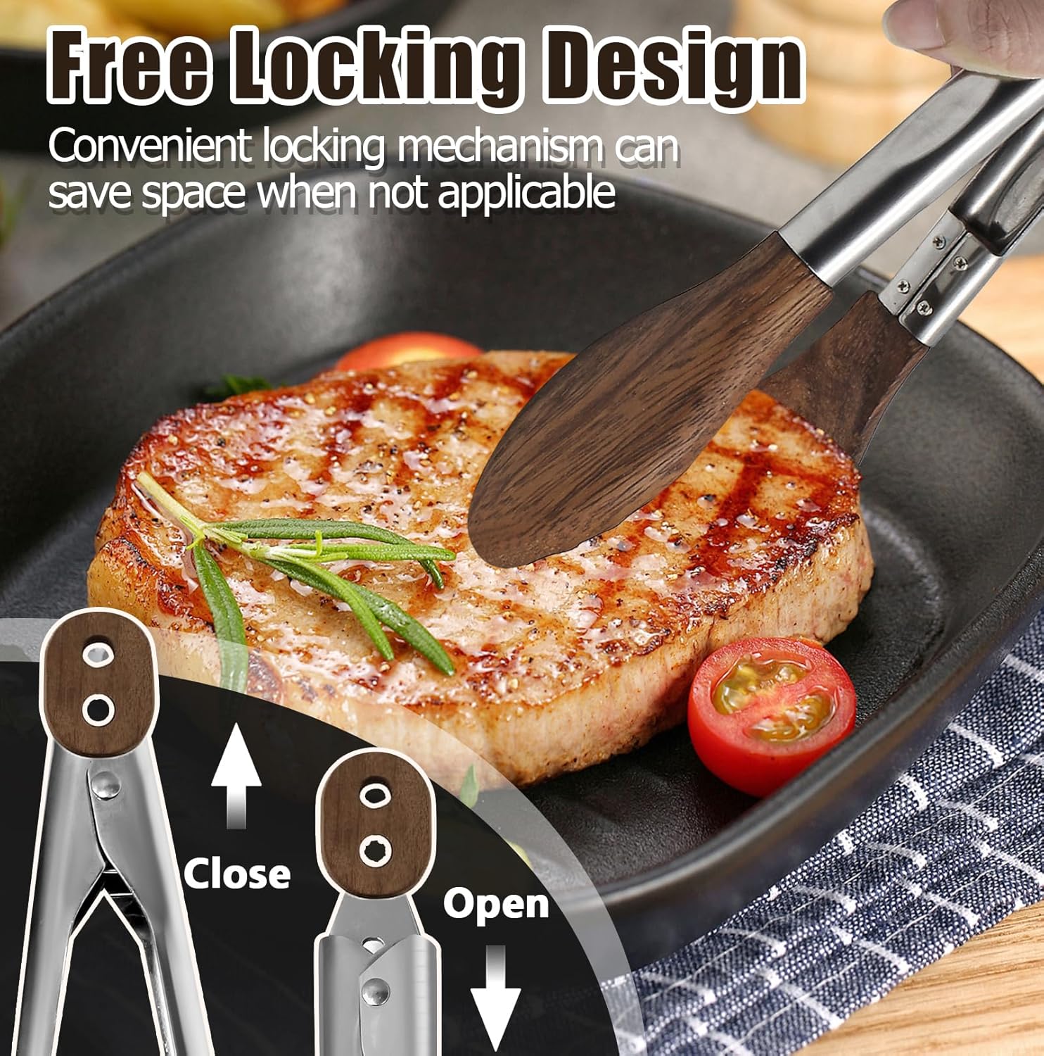 Biaungdo Wooden Tongs for Cooking, 9 Inch Walnut Wooden kitchen Tongs, Stainless Steel Salad Tong with Wood Tip for Serving Food, Grilling, Cooking Utensils Set Pull Lock