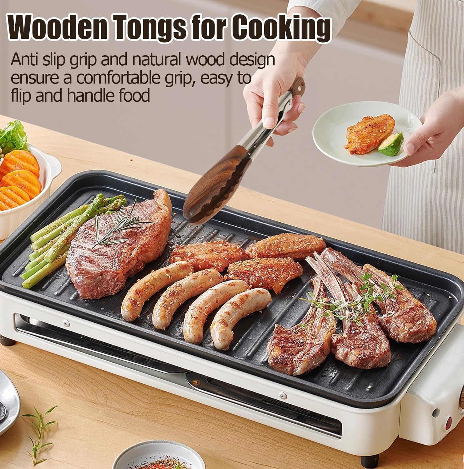 Biaungdo Wooden Tongs for Cooking, 9 Inch Walnut Wooden kitchen Tongs, Stainless Steel Salad Tong with Wood Tip for Serving Food, Grilling, Cooking Utensils Set Pull Lock