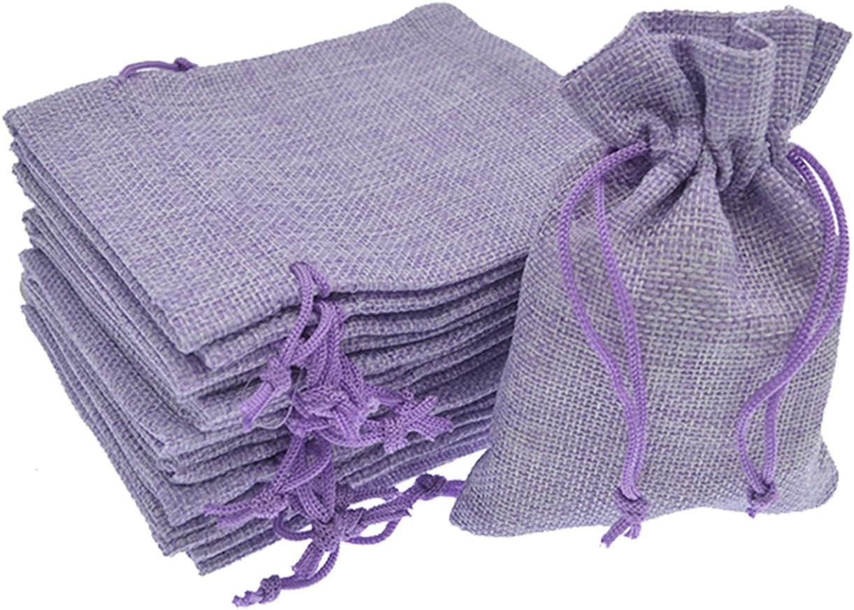 20Pcs Burlap Bags with Drawstring 2.7 x 3.5 Inch, Linen Small Party Favor Gift Bags Jewelry Pouches Sachet Sacks for Wedding, DIY Craft Light Purple