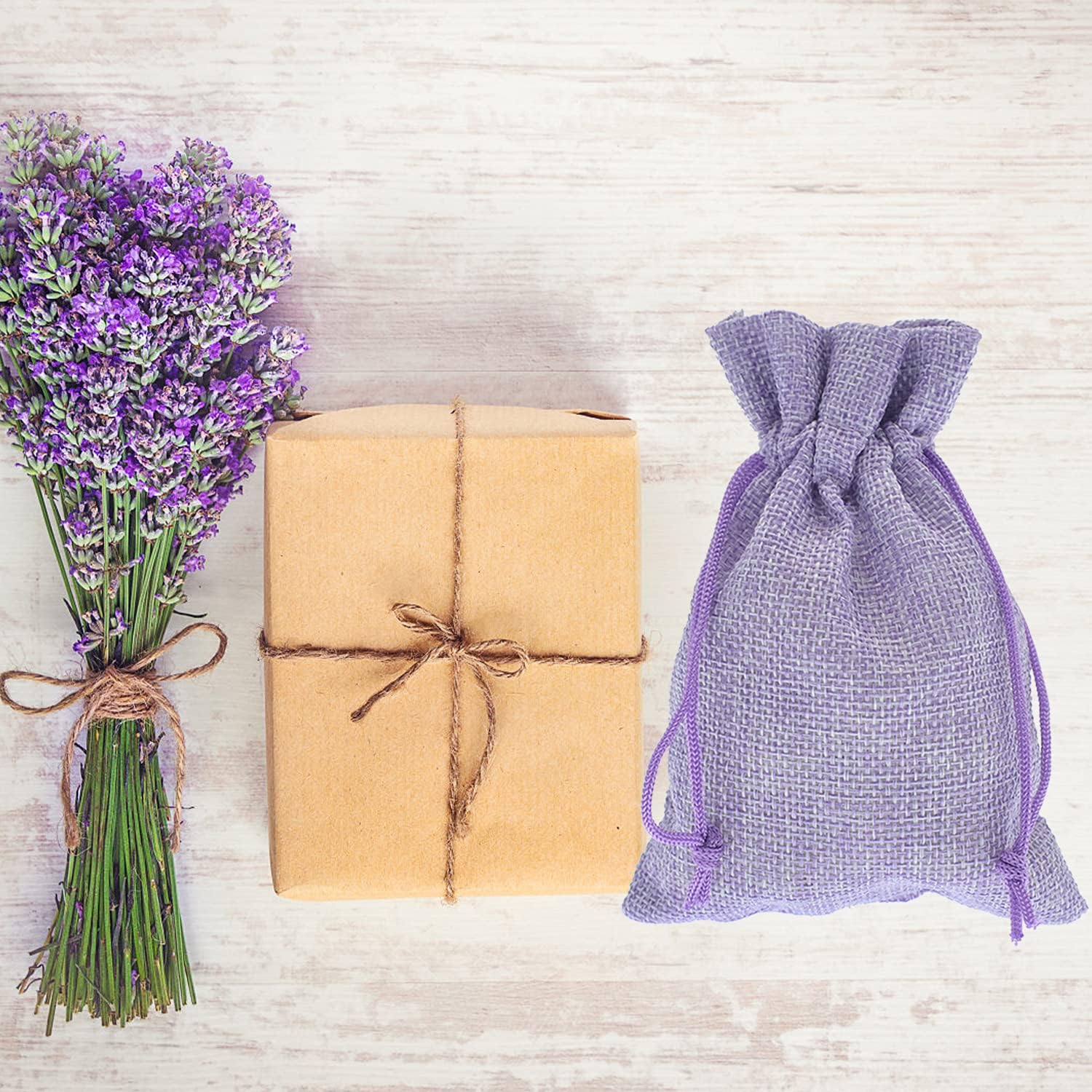 20Pcs Burlap Bags with Drawstring 2.7 x 3.5 Inch, Linen Small Party Favor Gift Bags Jewelry Pouches Sachet Sacks for Wedding, DIY Craft Light Purple