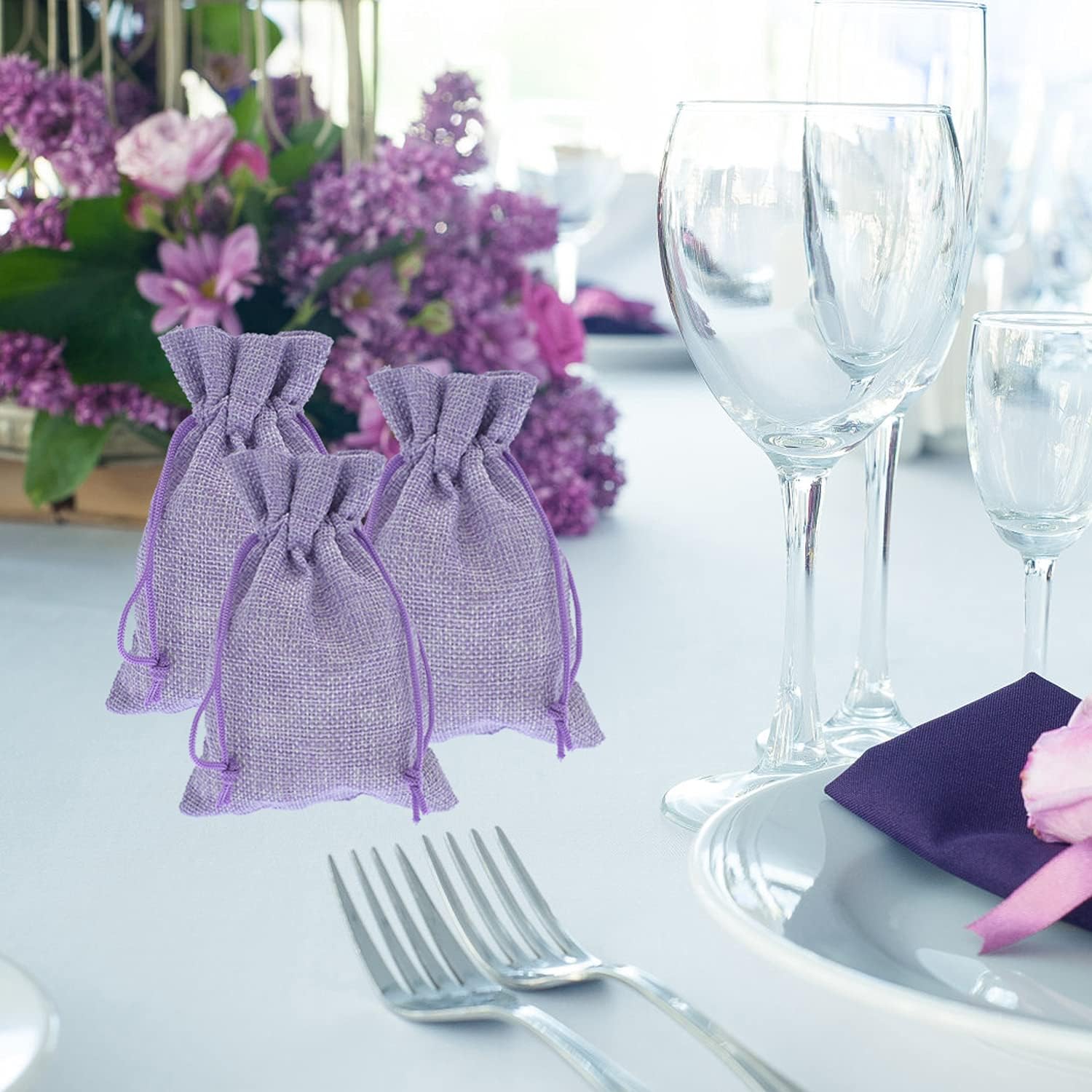 20Pcs Burlap Bags with Drawstring 2.7 x 3.5 Inch, Linen Small Party Favor Gift Bags Jewelry Pouches Sachet Sacks for Wedding, DIY Craft Light Purple