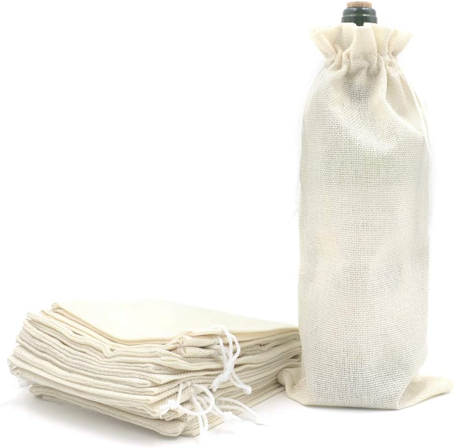 10Pcs Burlap Wine Gift Bags, Drawstring Linen Champagne Wine Bottle Bag Christmas Wedding Birthday Party Favor Wrap Pouches 13.7 x 5.9 Inches Cream