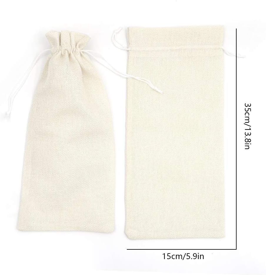 10Pcs Burlap Wine Gift Bags, Drawstring Linen Champagne Wine Bottle Bag Christmas Wedding Birthday Party Favor Wrap Pouches 13.7 x 5.9 Inches Cream