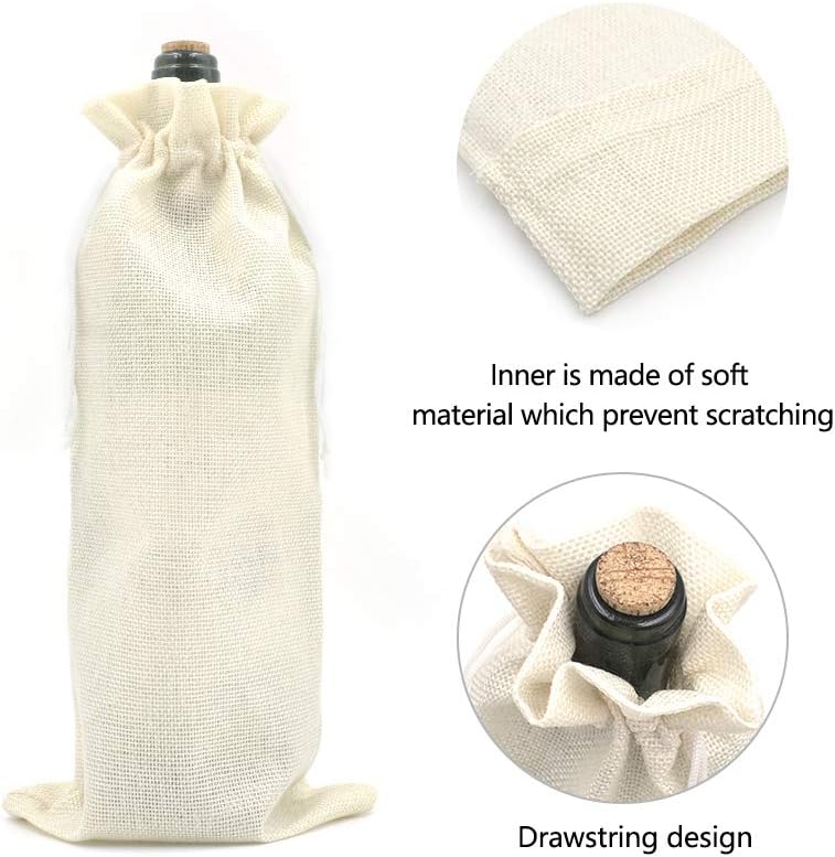 10Pcs Burlap Wine Gift Bags, Drawstring Linen Champagne Wine Bottle Bag Christmas Wedding Birthday Party Favor Wrap Pouches 13.7 x 5.9 Inches Cream