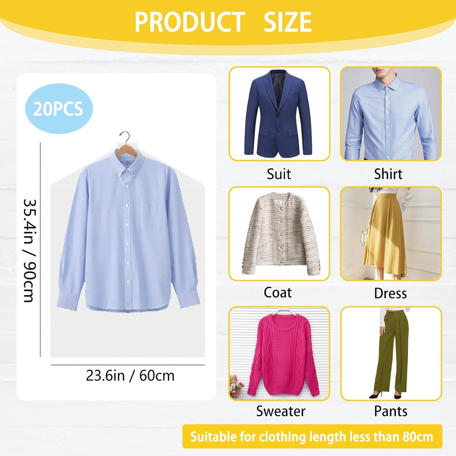 20Pcs Plastic Garment Bags for Hanging Clothes, 35 Inch Clear Dry Cleaner Bags Dustproof Suit Cover Clothes Storage Bag for Skirt Coat Shirt Jacket 60 x 90cm