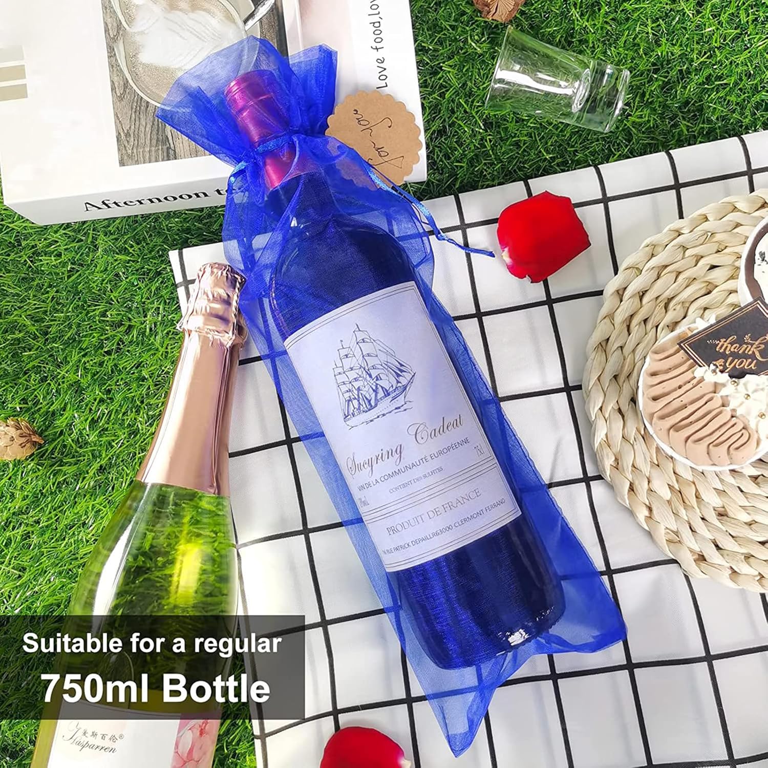 20Pcs Organza Wine Gift Bags with Drawstrings, Mesh Wine Bottle Covers for Wedding, Birthday, Shower Party Favor, Housewarming Royal Blue