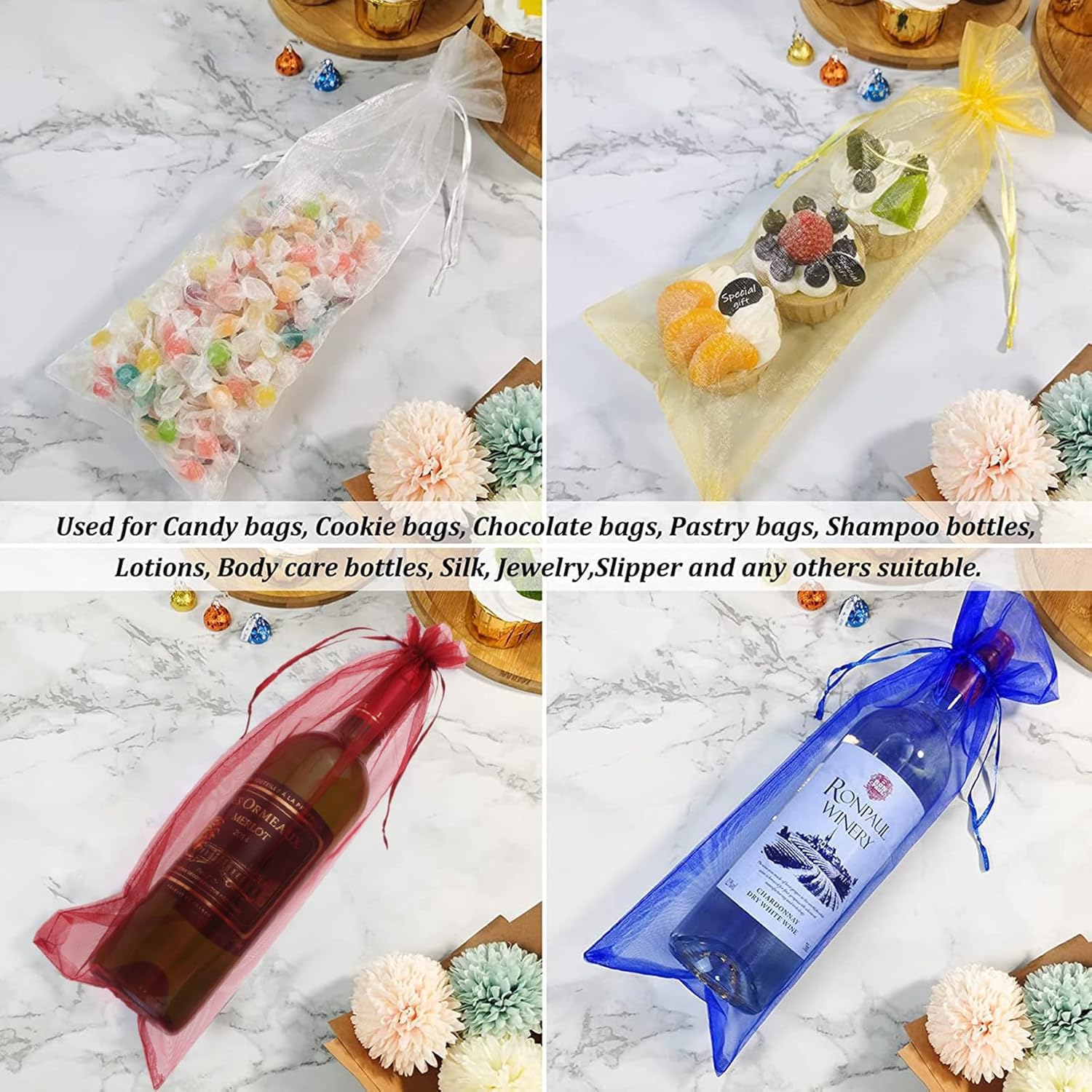 20Pcs Organza Wine Gift Bags with Drawstrings, Mesh Wine Bottle Covers for Wedding, Birthday, Shower Party Favor, Housewarming Royal Blue