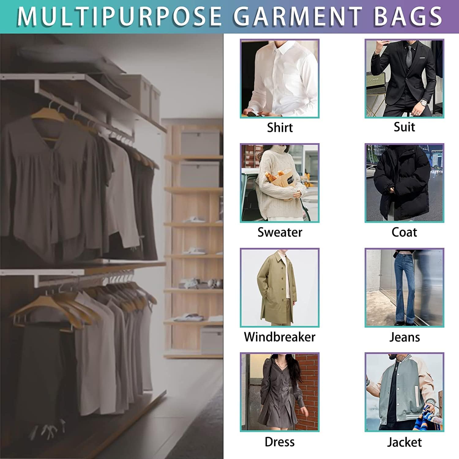 20Pcs Plastic Clear Garment Bags, 23.6x47.2 Inches Dry Cleaning Laundrette Suit Clothes Dustproof Storage Bags Hanging Garment Cover for Closet Storage, Dry Cleaner, Travel