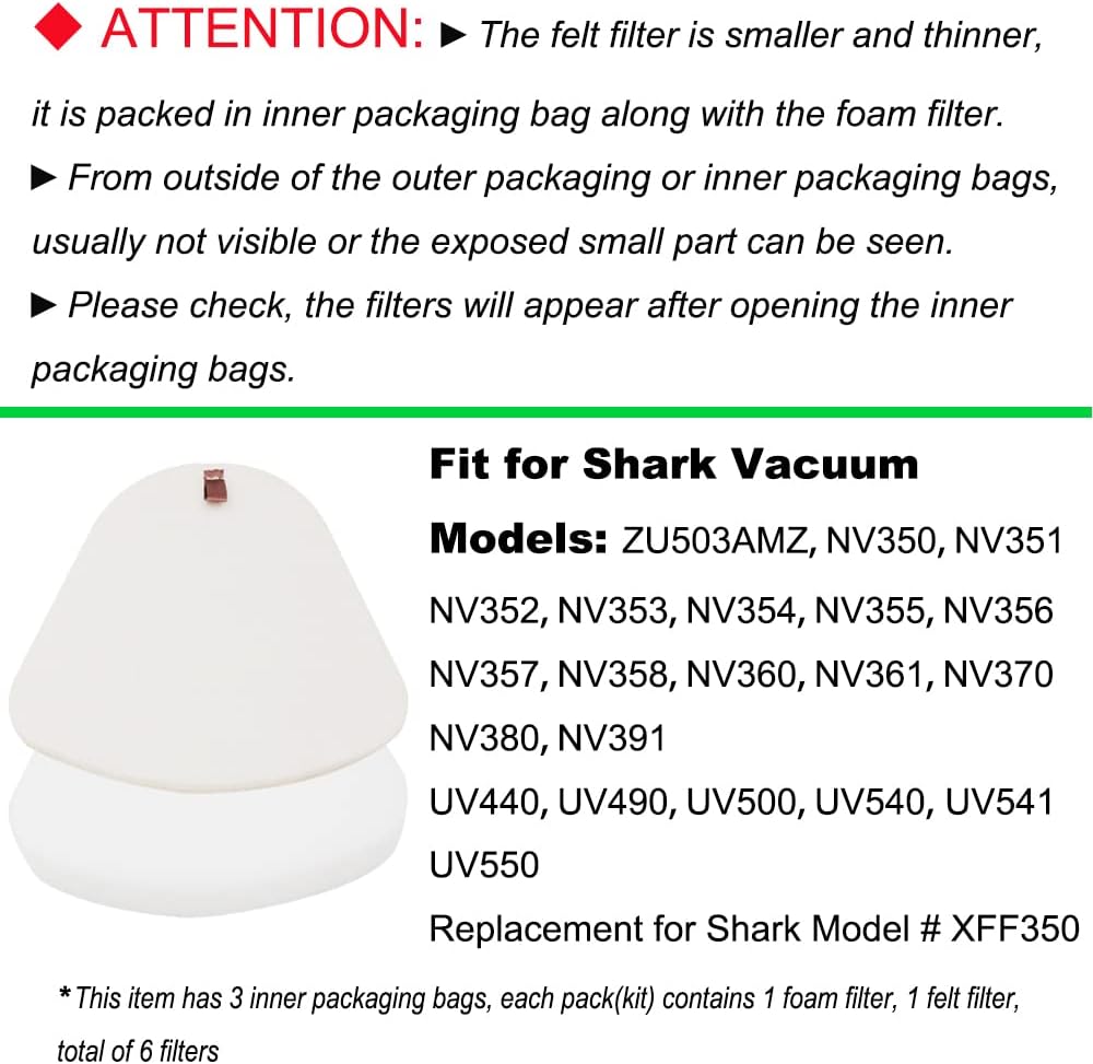 Dttery 3 Foam & Felt Filters Kit Replacement for Shark Navigator Lift-Away Vacuum NV350, NV351, NV352, NV355, NV356, NV356E, NV357, NV360, NV370, NV391, UV440, UV490, UV540 Part XFF350