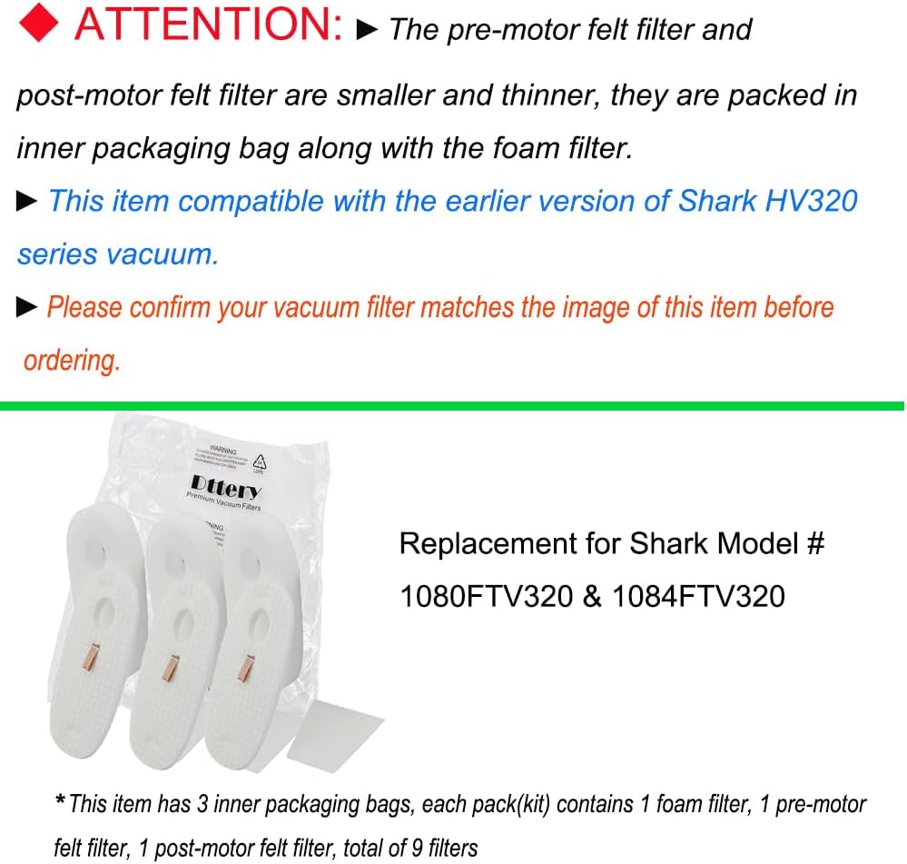 Dttery 3 Pack Filters Kit for Shark Earlier Version of Rocket DeluxePro TruePet HV319Q HV320 HV321 HV322 HV324Q HV325 UV330 UV422, Replacement Part 1080FTV320 1084FTV320