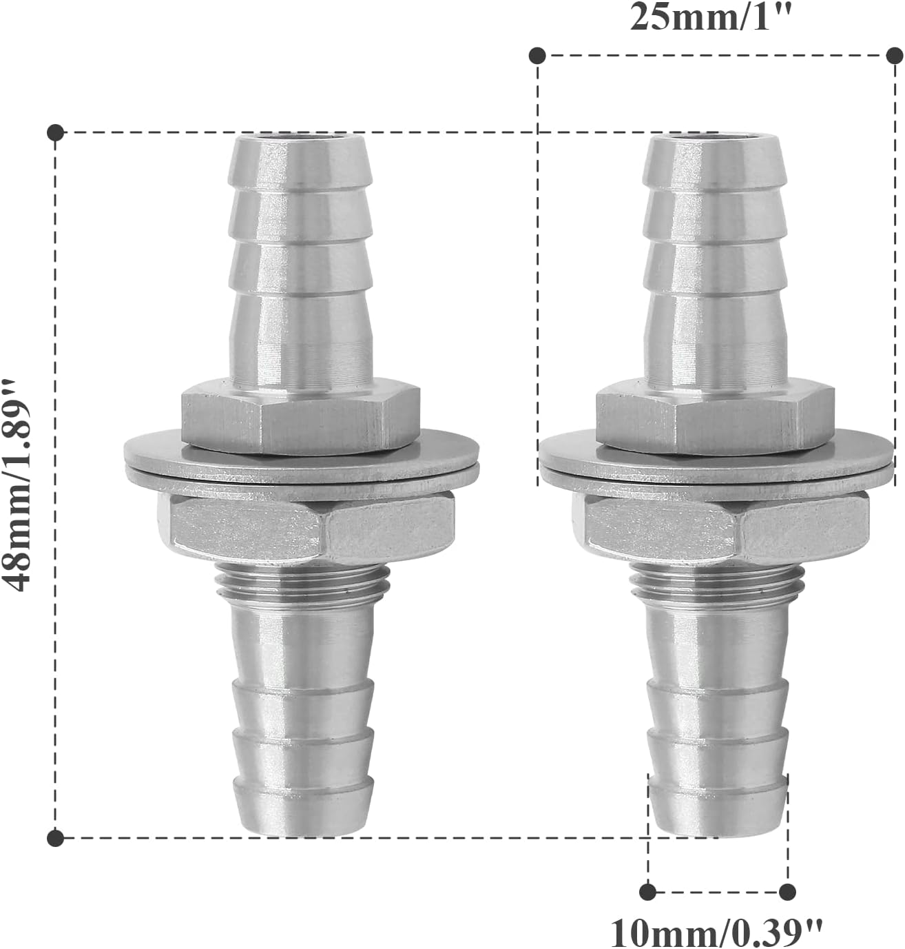 Biaungdo 2 Pcs 3/8" Hose Barb, 304 Stainless Steel Hose Barb Fitting Thru-Bulk Head Straight Hex Union Fitting for Air Water Fuel