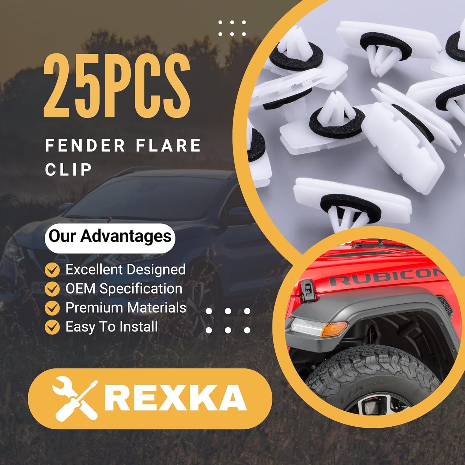 Rexka 25pcs Fender Flare Clips 68526185AA for 2018-2024 Wrangler JL & 2020-2024 Gladiator JT & RAM 1500 - Fits Jeep Fender Clips
