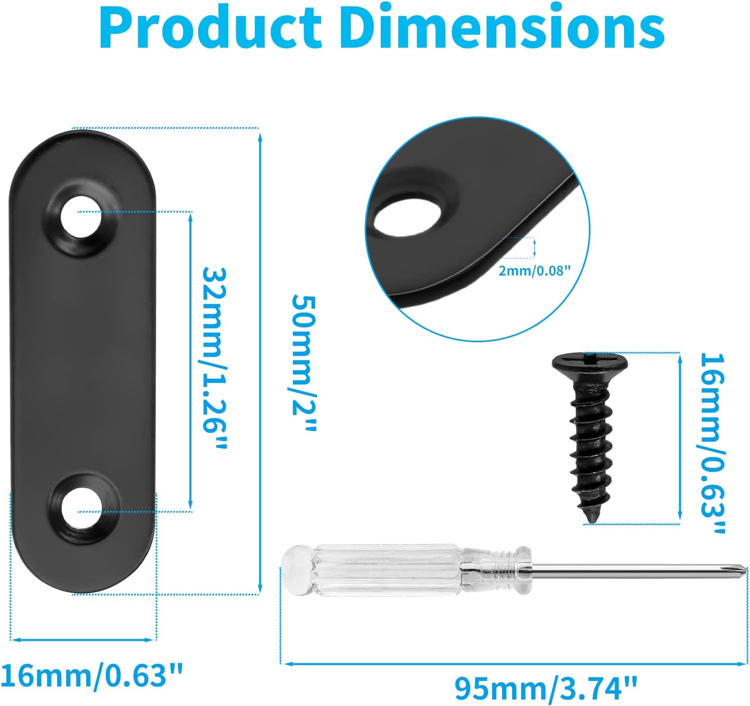 Biaungdo 20 Sets 2" Stainless Steel Flat Plate Straight Bracket, Black Metal Corner Brace Brackets Mending Repair Plate Brace with Screws & Screwdriver for Wood 50mm x 16mm x 2mm