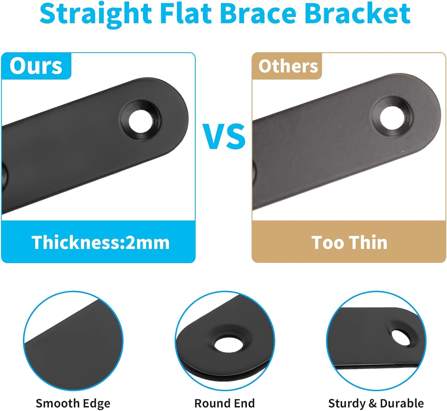 Biaungdo 20 Sets 2" Stainless Steel Flat Plate Straight Bracket, Black Metal Corner Brace Brackets Mending Repair Plate Brace with Screws & Screwdriver for Wood 50mm x 16mm x 2mm
