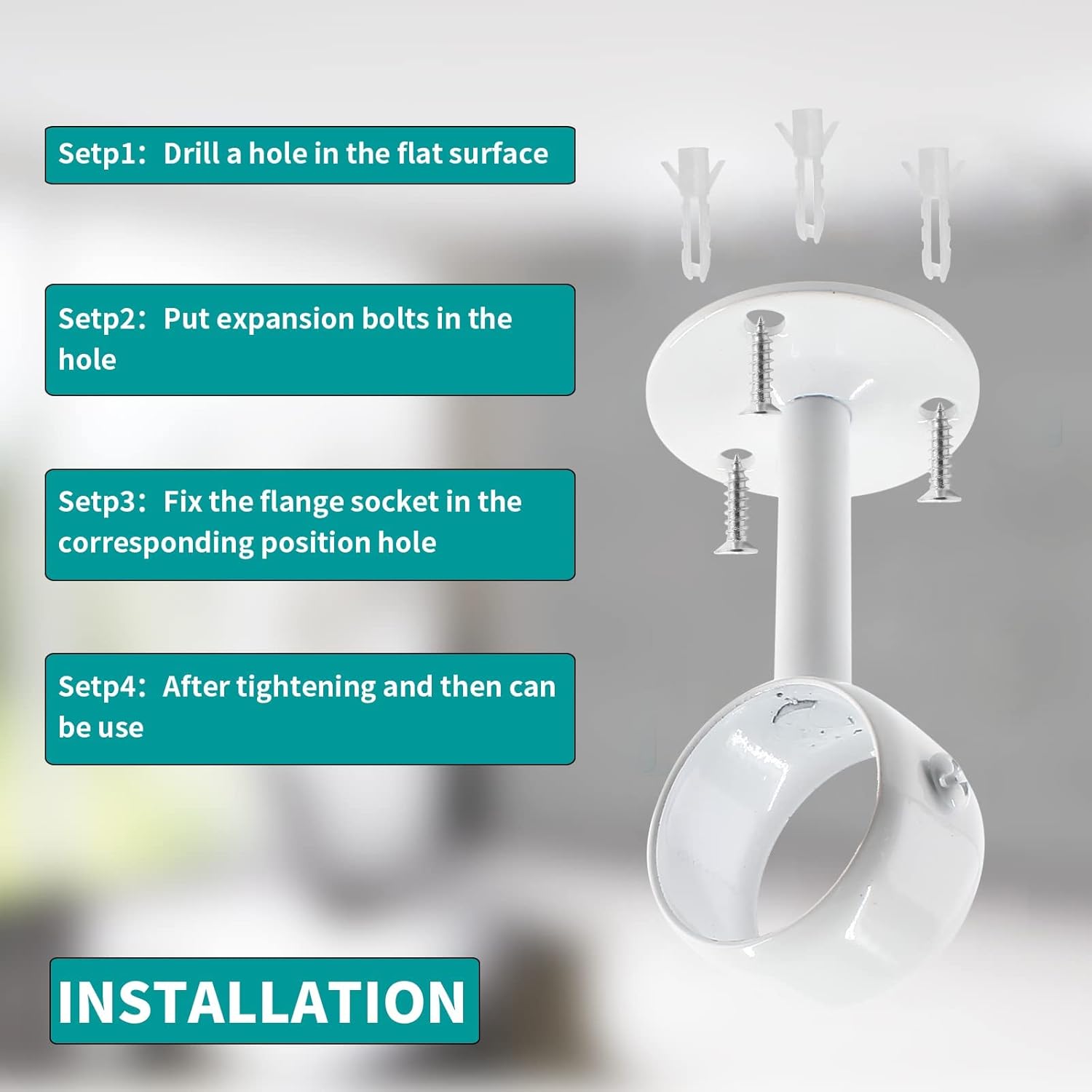 Biaungdo 2 Pcs 1-1/4 Inch Curtain Rod Ceiling-Mount Bracket,Stainless Steel Flange Rod Holder Shower Curtain Closet Rod Holder Ceiling Curtain Rod Brackets with Anchor Screw Kit,White,Locking Design