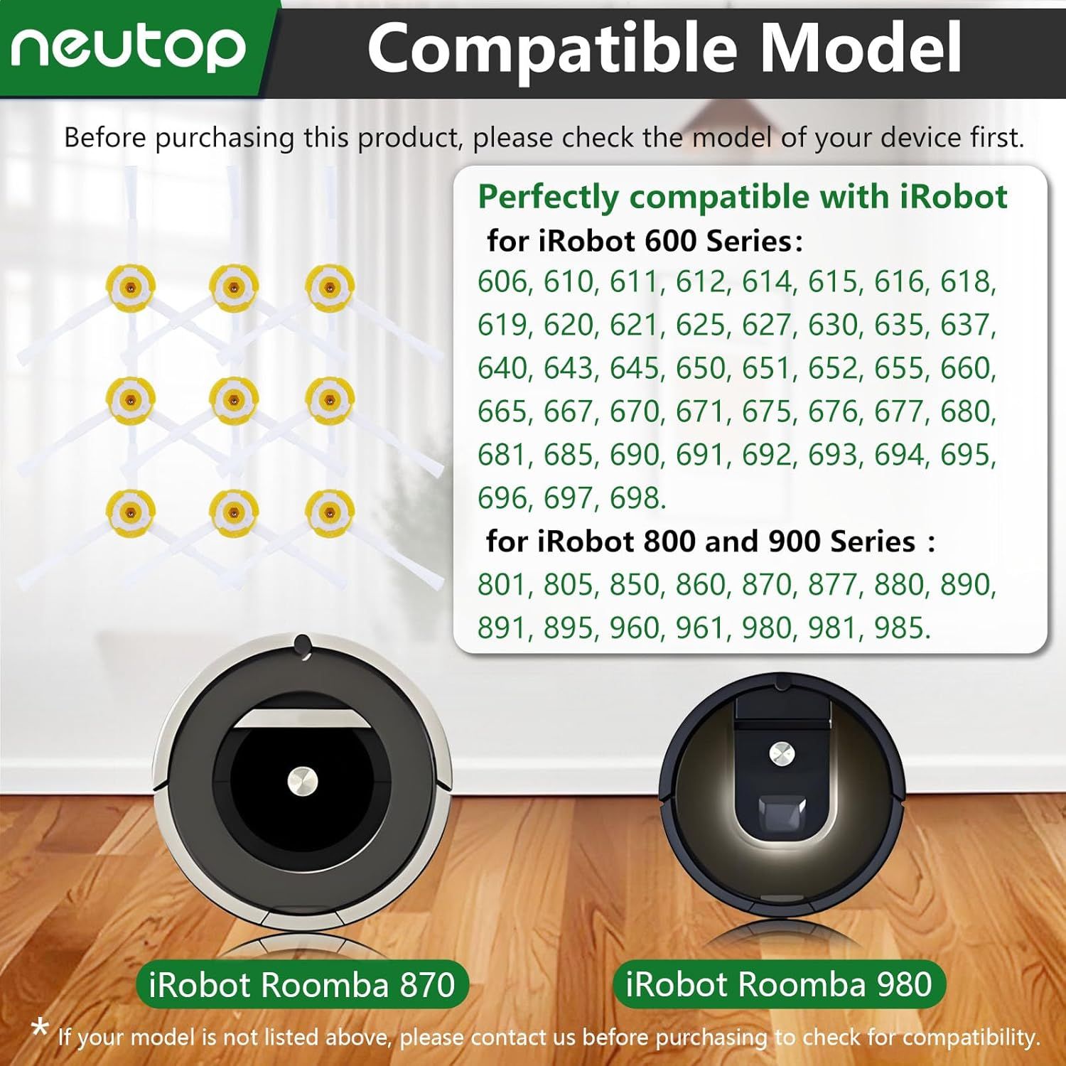 Replacement Side Brush Compatible with All iRobot Roomba 900, 800, 700, 600, 500 Series 960 980 981 985 860 880 890 891 895 760 770 614 645 650 655 665 671 675 690 692 694 560 595 Models,9-Pack