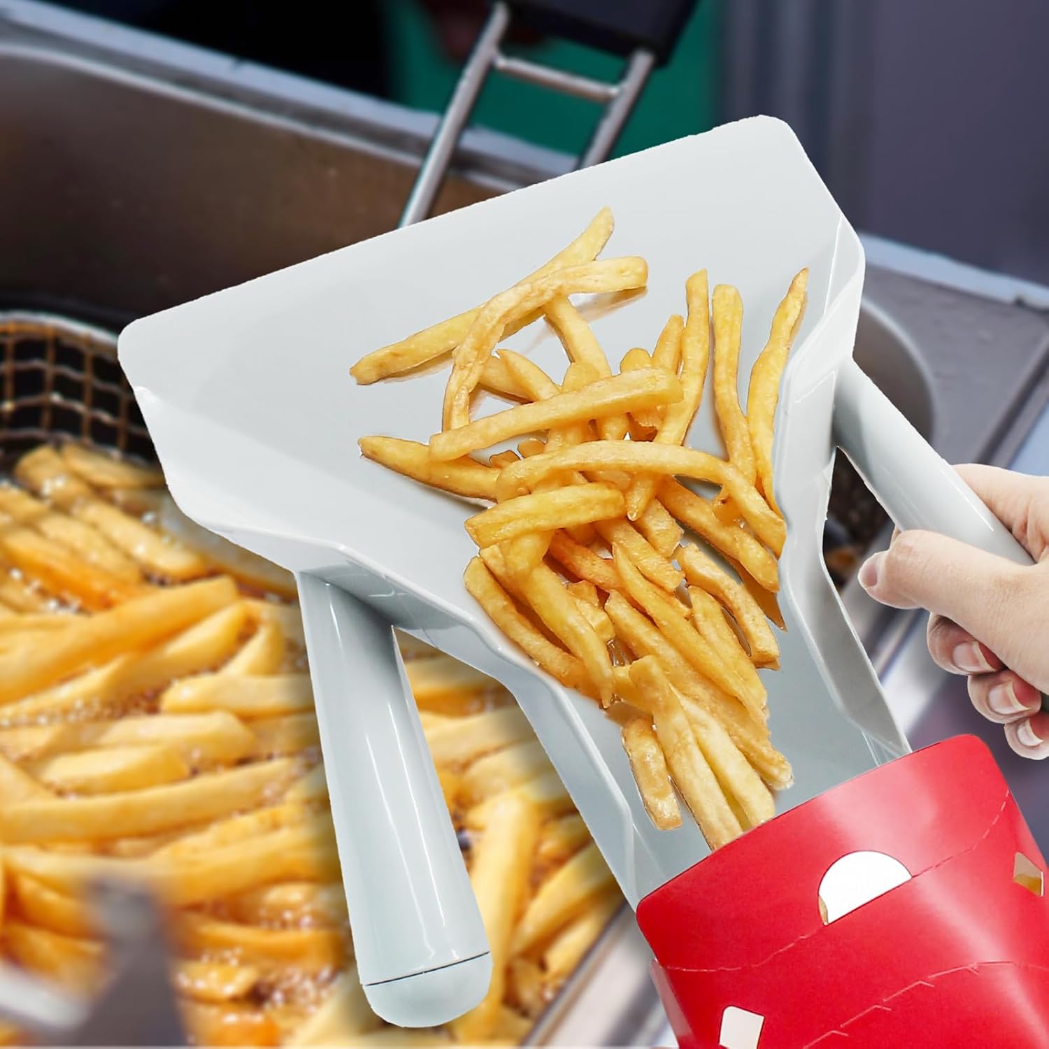 Biaungdo Polycarbonate French Fry Popcorn Scoop, French Fry Bagger, Quick Fill Tool for Bags & Boxes, Multipurpose Scooper for Food, Fries, Snacks, Desserts, Ice Dual Handle