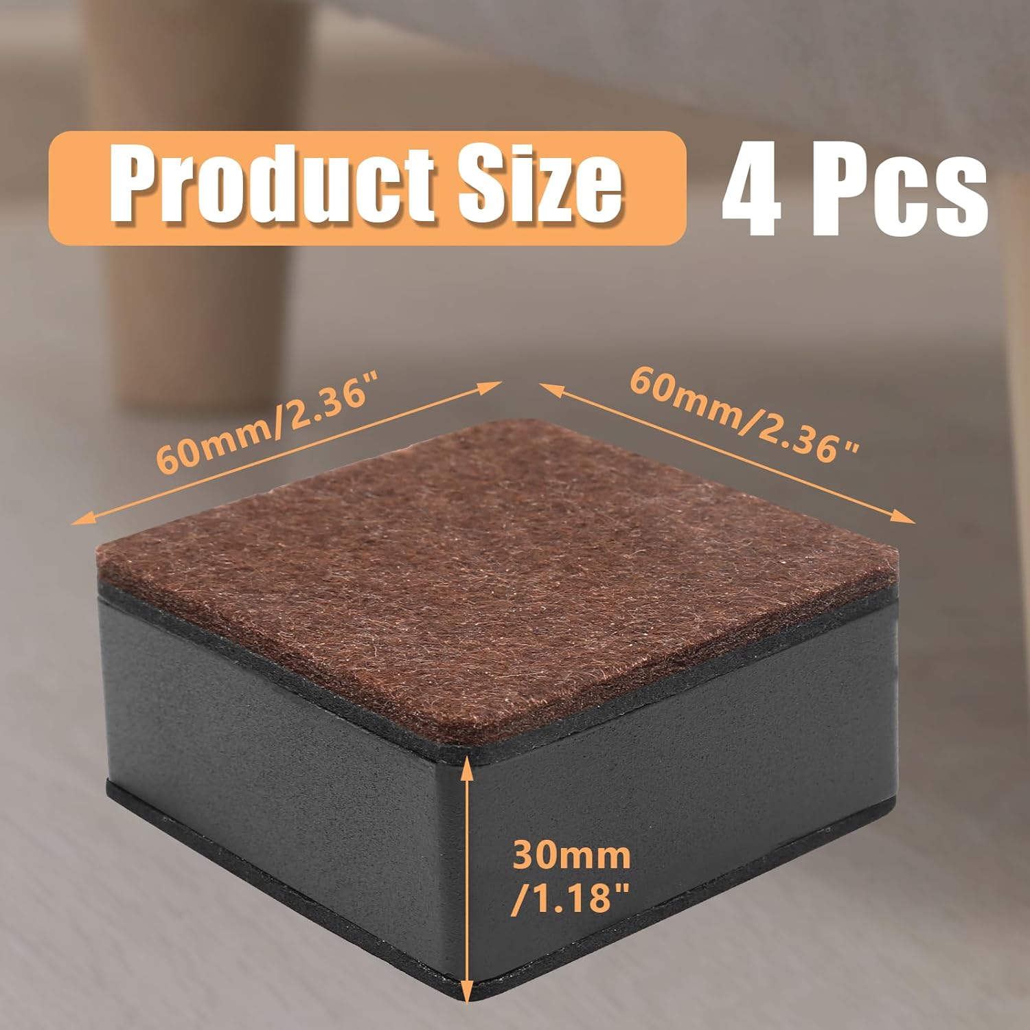 Biaungdo 4 Pcs Self-Adhesive Furniture Risers, Square Furniture Bed Risers, Heavy Duty Carbon Steel Table Sofa Couch Chair Lift Risers with Felt Pad Add 1.2" Height, Black