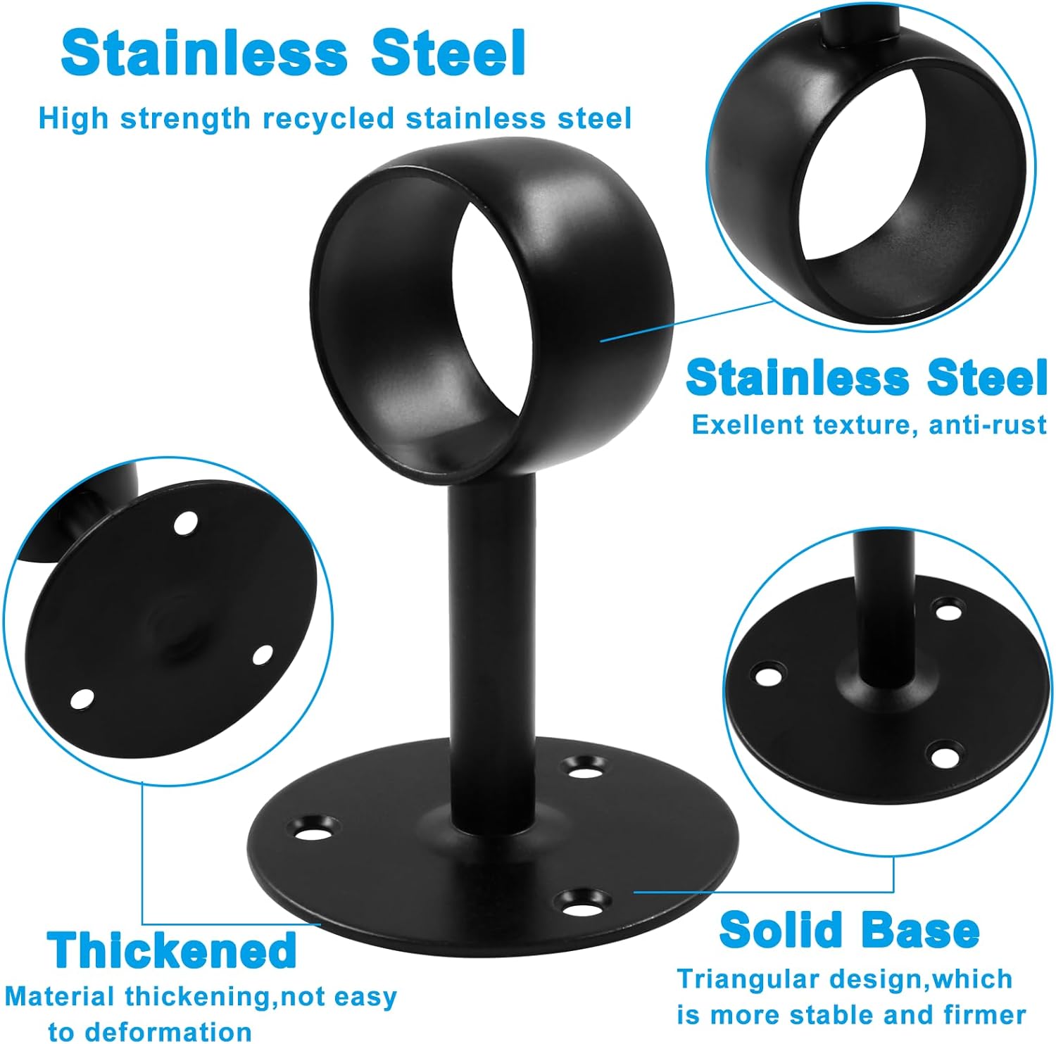 Biaungdo 1-1/2 Inch Curtain Rod Ceiling-Mount Bracket, Stainless Steel Flange Rod Holder Shower Curtain Closet Rod Holder Ceiling Curtain Rod Brackets with Anchor Screw Kit, 4Pcs - Black