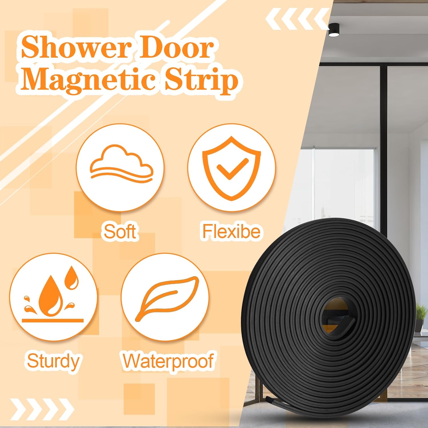 Biaungdo 134 Inch Flexible Shower Door Magnetic Strip, 1 Roll Insert Shower Door Replacement Seal Strip Waterproof Long Shower Door Strip for Framed Semi Framed Swinging Glass Shower Doors, Black