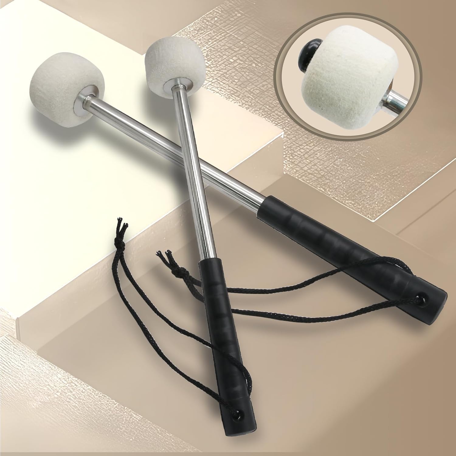 Biaungdo 2 Pack Drum Mallet, 32cm/12.6" Wool Felt Drum Stick, Bass Drum Mallet Drum Stick, Anti-slip Bass Percussion Sticks with Stainless Steel Handle, Beige White
