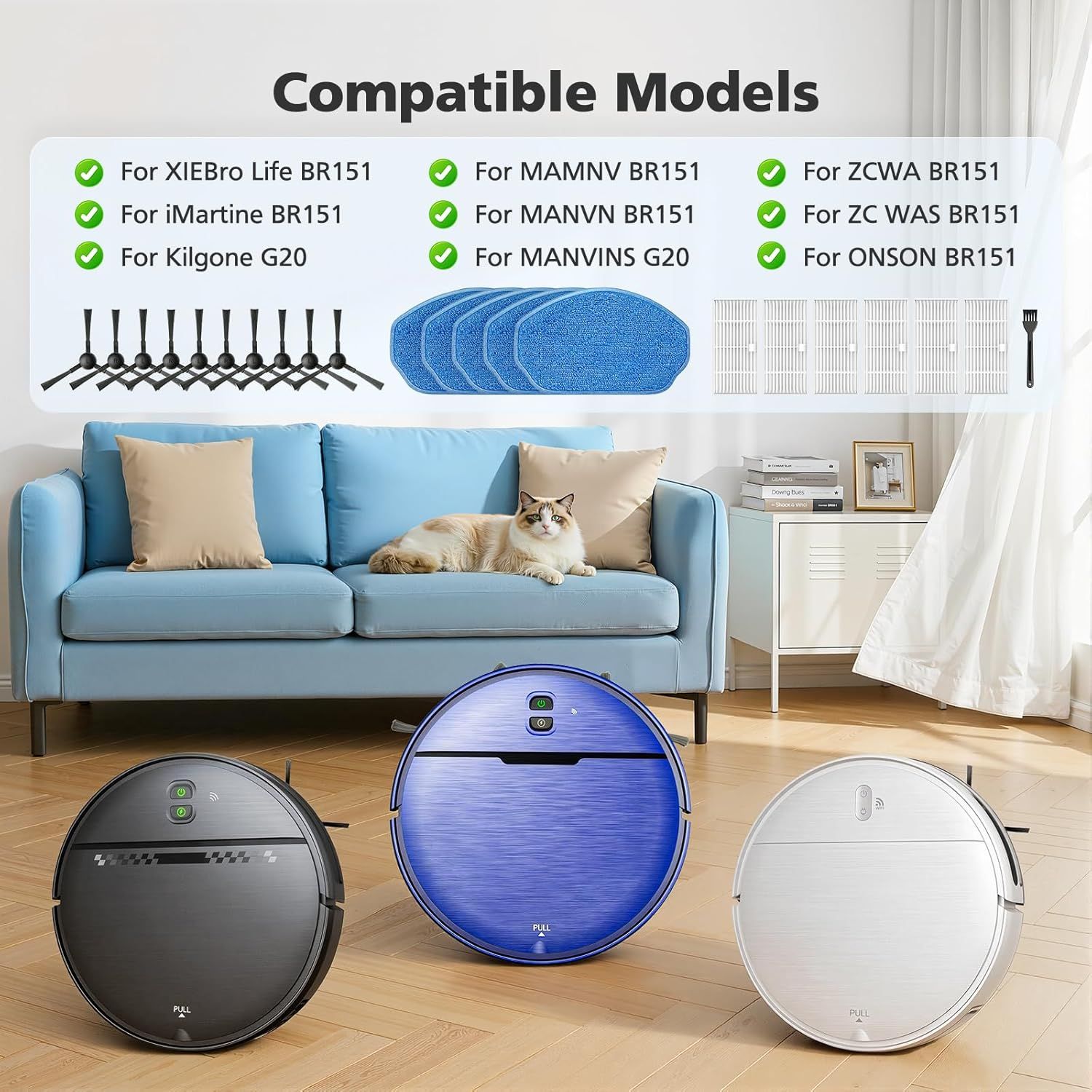 Replacement Parts or XIEBro Lie BR151, or ZCWA BR151, or MANVN BR151, or Kilgone G20, or MAMNV BR151, or MANVINS G20, or ZC WAS BR151, or iMartine BR151, 6 ilters, 5 Mop Pads, 10 Side Brush