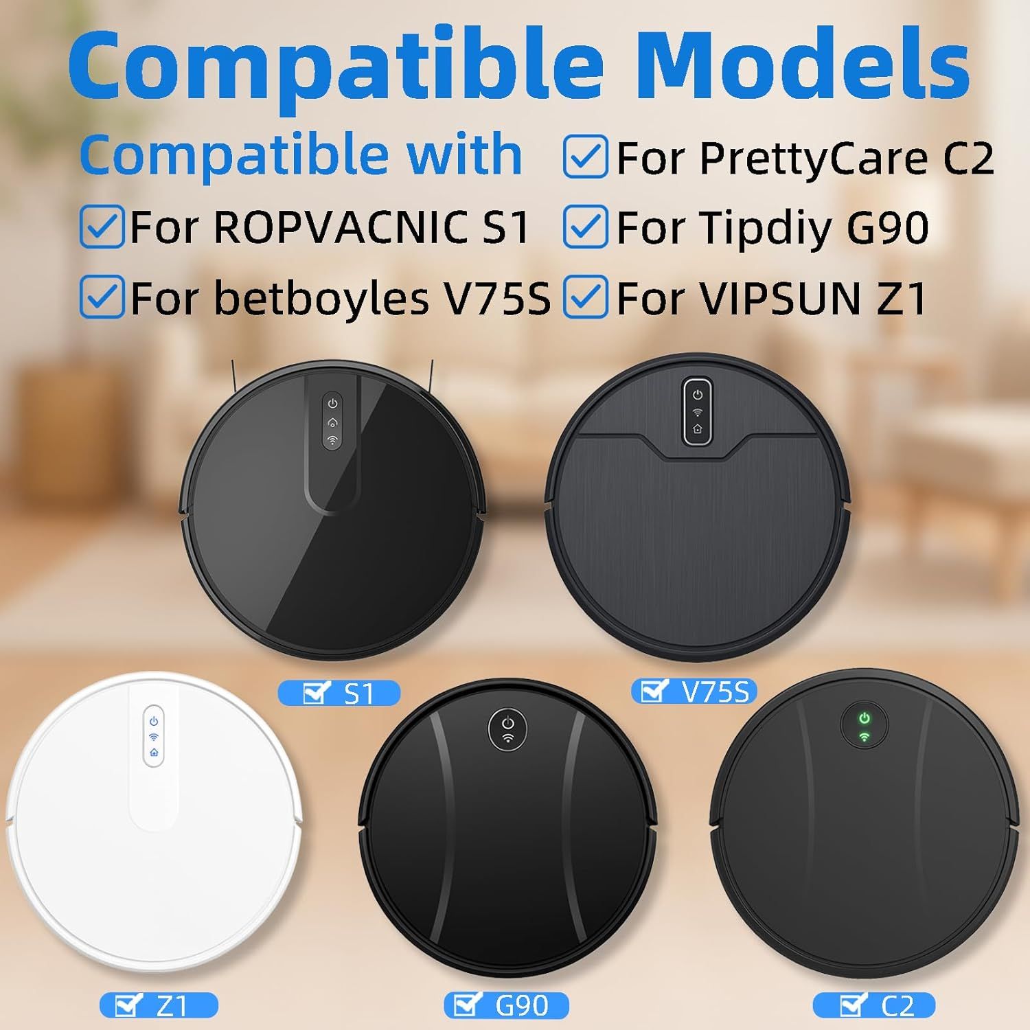 Accessories Kit or ROPVACNIC S1, or Tipdiy G90, or betboyles V75S, or VIPSUN Z1, or PrettyCare C2 Robot Vacuum Replacement Parts, 6 Side Brush, 3 HEPA ilter, 3 Mop Pad