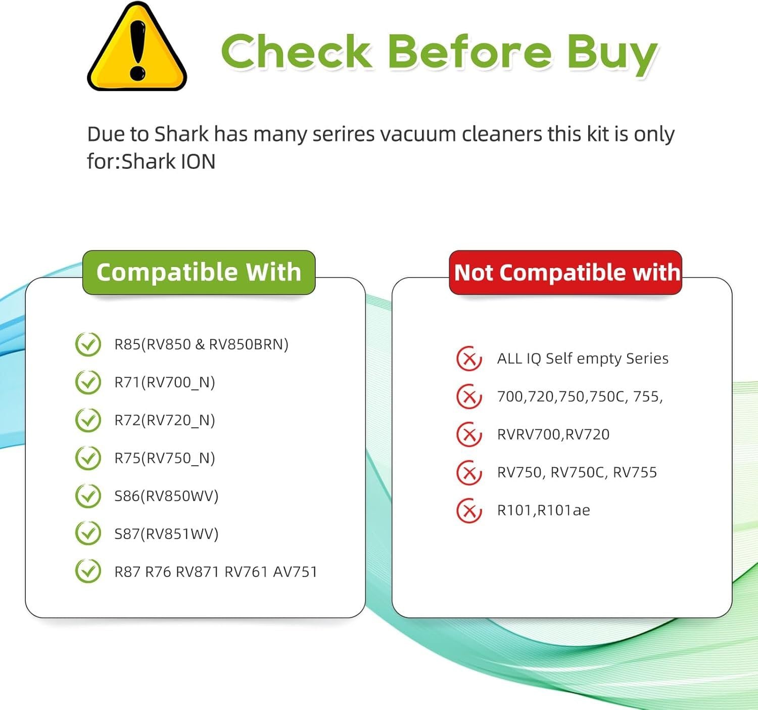 Spare Replacement Parts or Shark ION Robot AV751 AV752 AV753 S87 R85 RV850, RV850WV Vacuum Cleaner Accessory Kit Pack o 4 Side Brushes,1 Main Brush, 3 Pre-Motor ilter, 1 Cleaning Gear