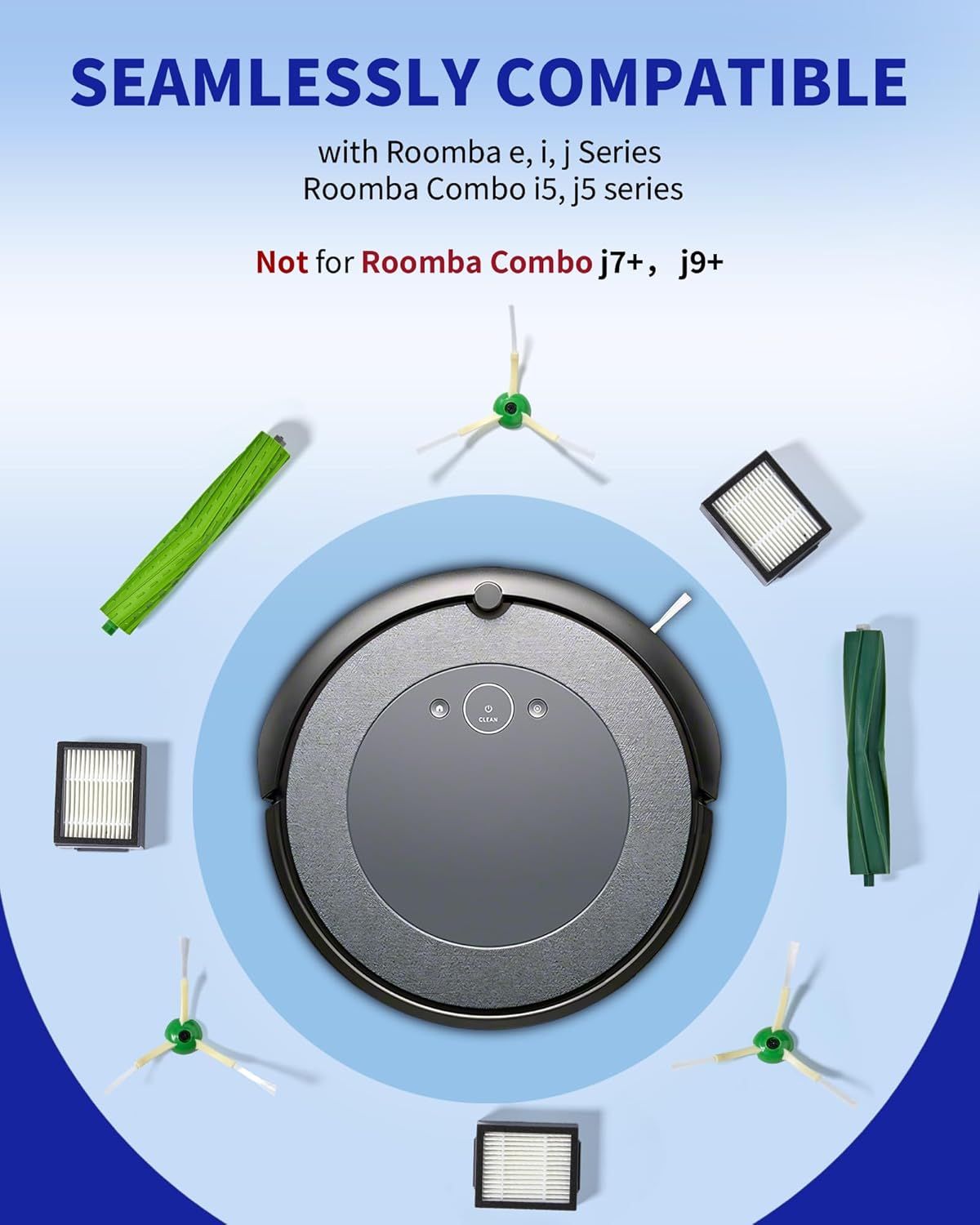 Replacement Parts & Accessories or iRobot E, I & J Series, Combo i5, j5 Series Robot Vacuum, Dual Multi-Surace Rubber Brushes & 3 HEPA ilter & 3 Edge-Sweeping Brushes