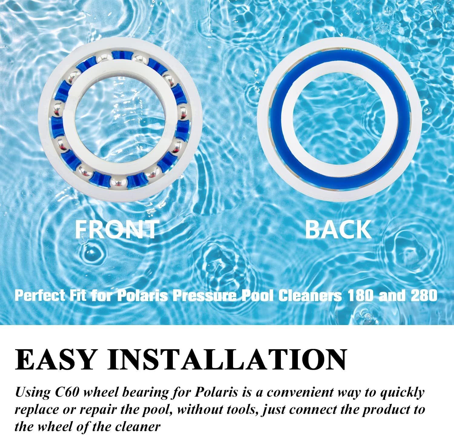 C60 C-60 Ball Bearing Replacement or Pool Cleaner Wheels, Perectly Compatible with Polaris Pressure Pool Cleaners 180 and 280, Smooth Rotation and Sturdy Materials, 10 Pack
