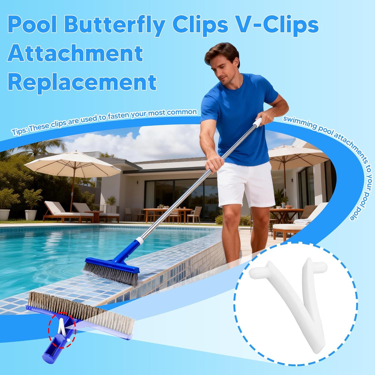 Pool Butterly Clips V-Clips Attachment Clips Replacement or Pool Spa Brush Lea Rake Lea Skimmer 24 Pack