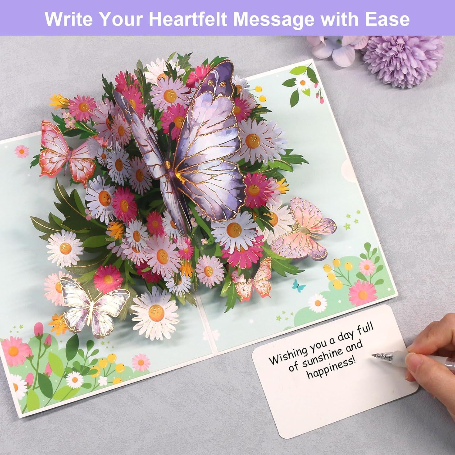 Birthday Card or Wie, Beautiul 3D Butterly Pop-Up Greeting Card with Envelope, Heartelt Birthday Gits or Wie, Husband, Girlriend, Mom, Dad, Sister, riend on Special Day Purple