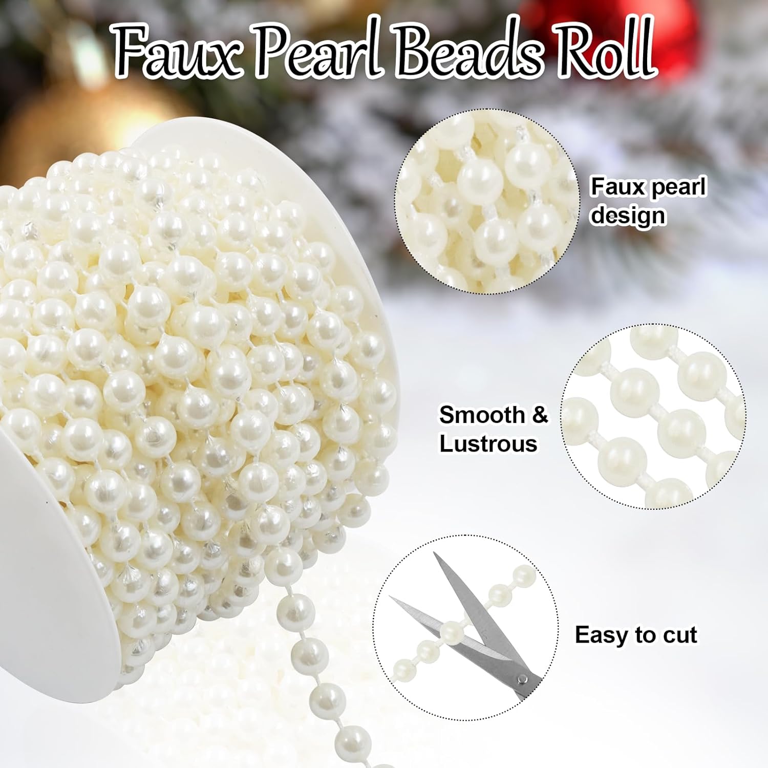 Biaungdo 8mm Millet Beads Faux Pearl Roll Strand, 10 Meters / 33 Feets Ivory Crafts String Faux Pearl Garland for Wedding Centerpieces, Christmas Tree, Party & Floral Decorations DIY