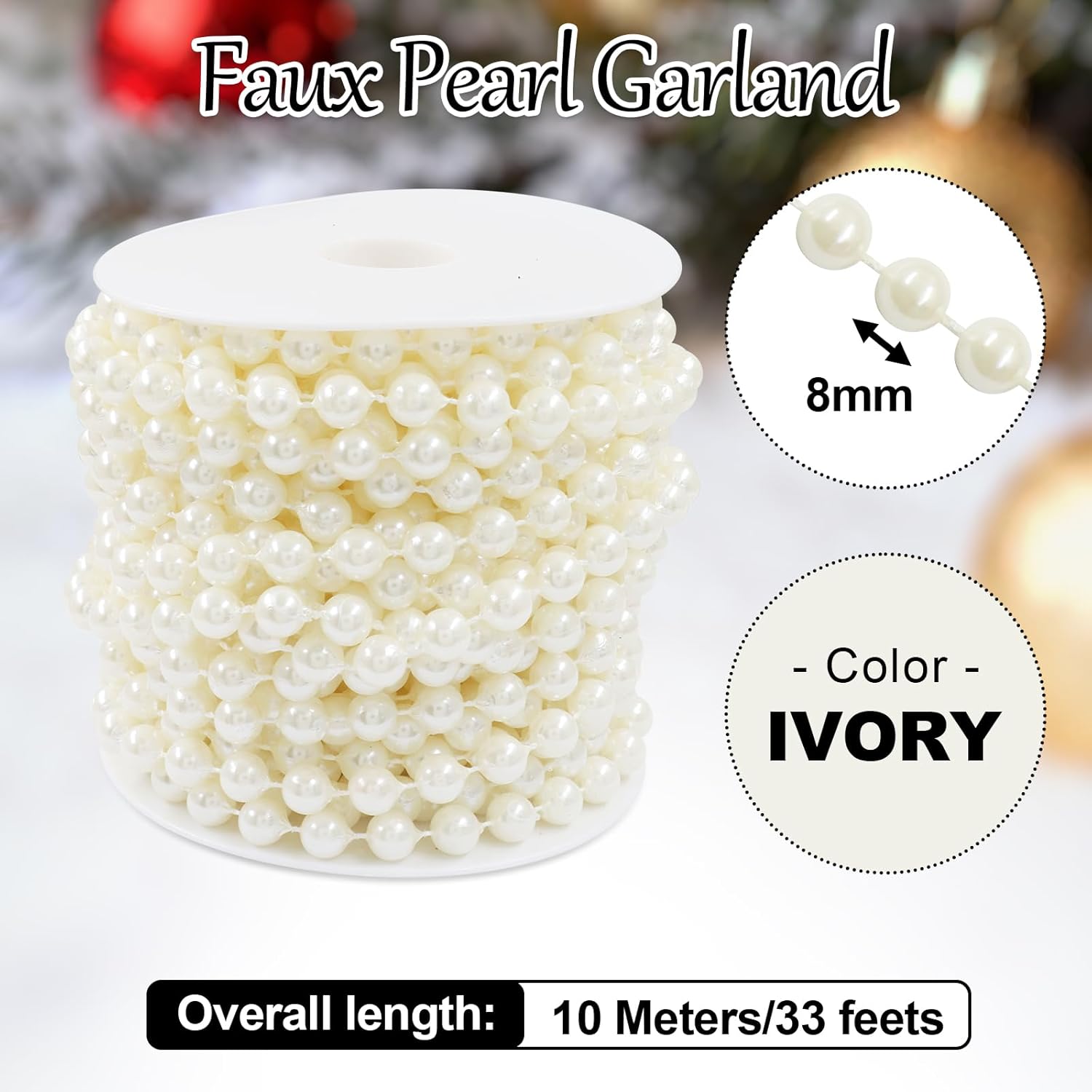 Biaungdo 8mm Millet Beads Faux Pearl Roll Strand, 10 Meters / 33 Feets Ivory Crafts String Faux Pearl Garland for Wedding Centerpieces, Christmas Tree, Party & Floral Decorations DIY