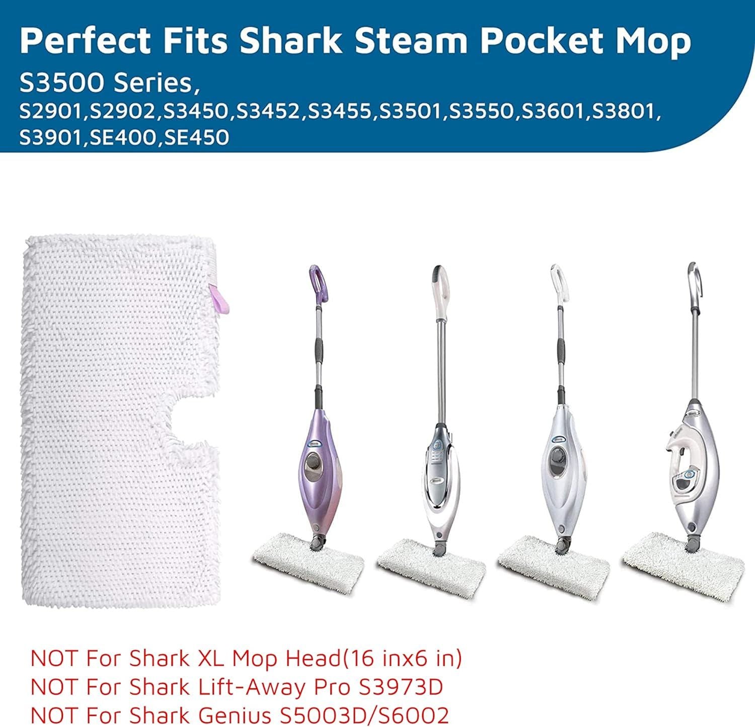 Steam Pocket Mop Replacement Pads or Shark S3500 Series S3501 S3601 S3550 S3901 SE450 S3801CO S3601D S2901 S2902 Steam Pocket Mop, 4 Pack