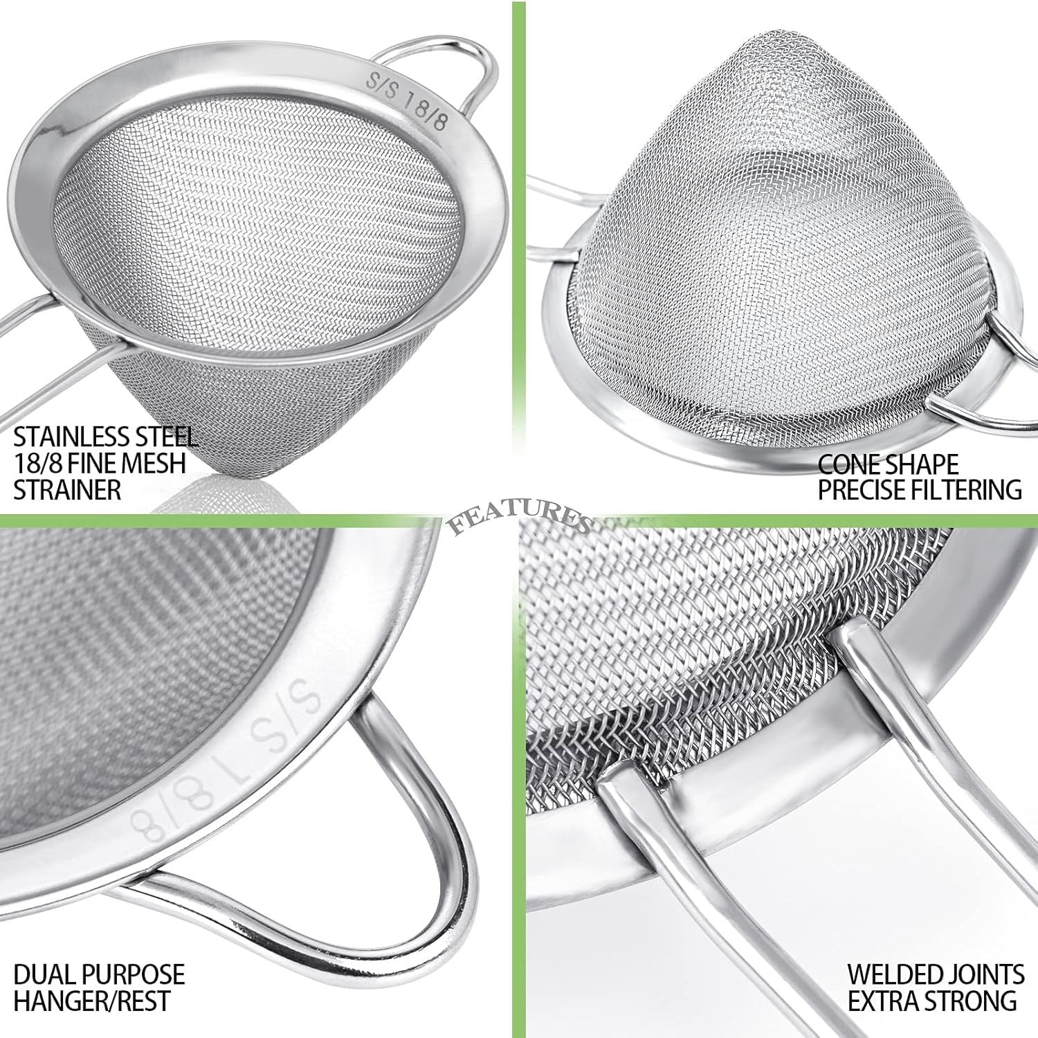 2 Pack Stainless Steel 18/8 Small ood Strainer, ine Mesh Sieve with Long Handle, Cocktail Strainer or Cocktails, Tea Herbs, Coee & Drinks, Rust Proo & Great as Tea Strainer, 3.5inch