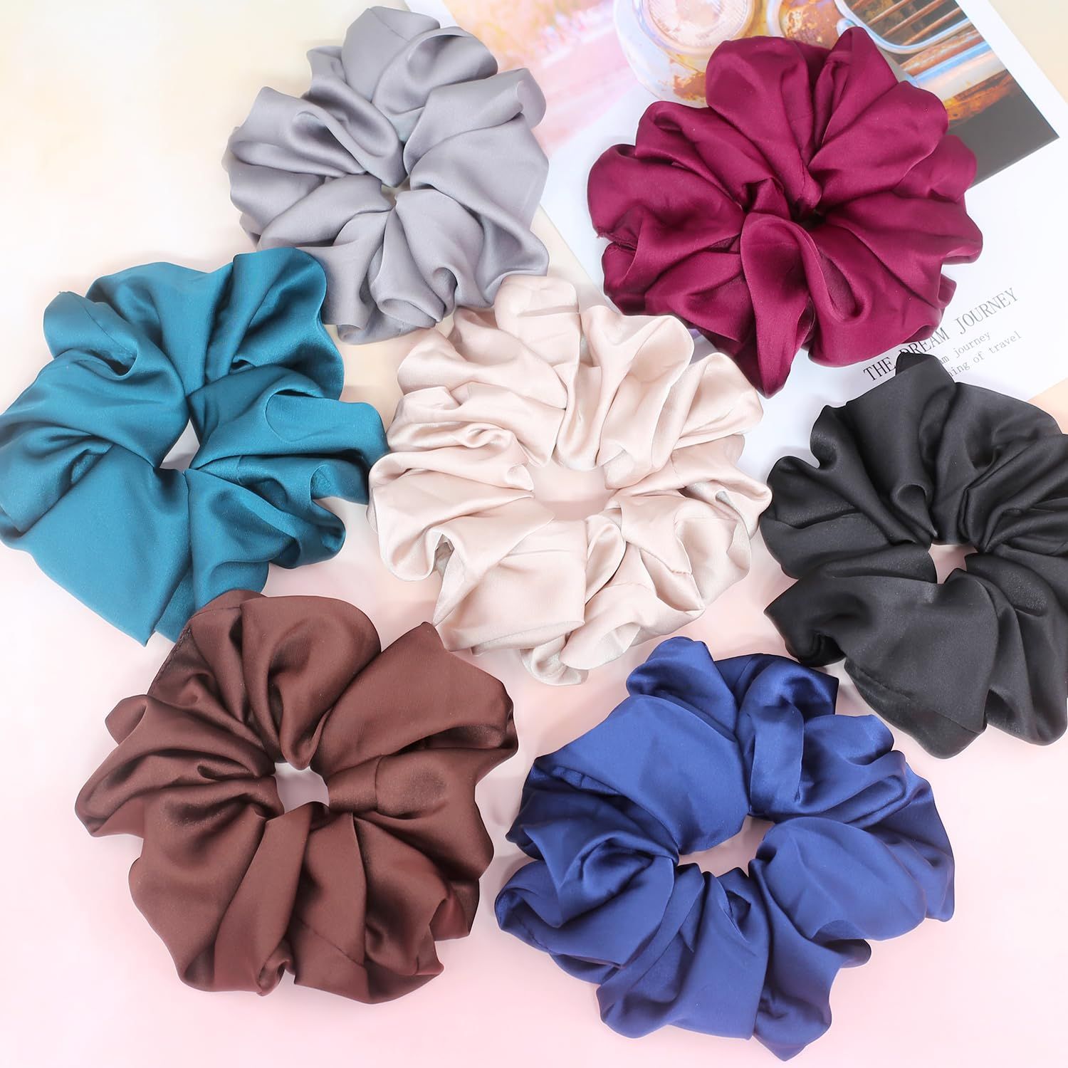 Big Scrunchies or Women Thick Hair, Premium Satin Soter than Silk, XL 6 Inch Extra Large Scrunchy Elastic Hair Bands Accessories, 6 Pack, Neutral