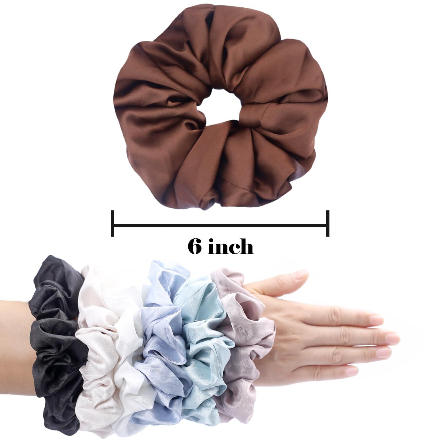 Big Scrunchies or Women Thick Hair, Premium Satin Soter than Silk, XL 6 Inch Extra Large Scrunchy Elastic Hair Bands Accessories, 6 Pack, Neutral