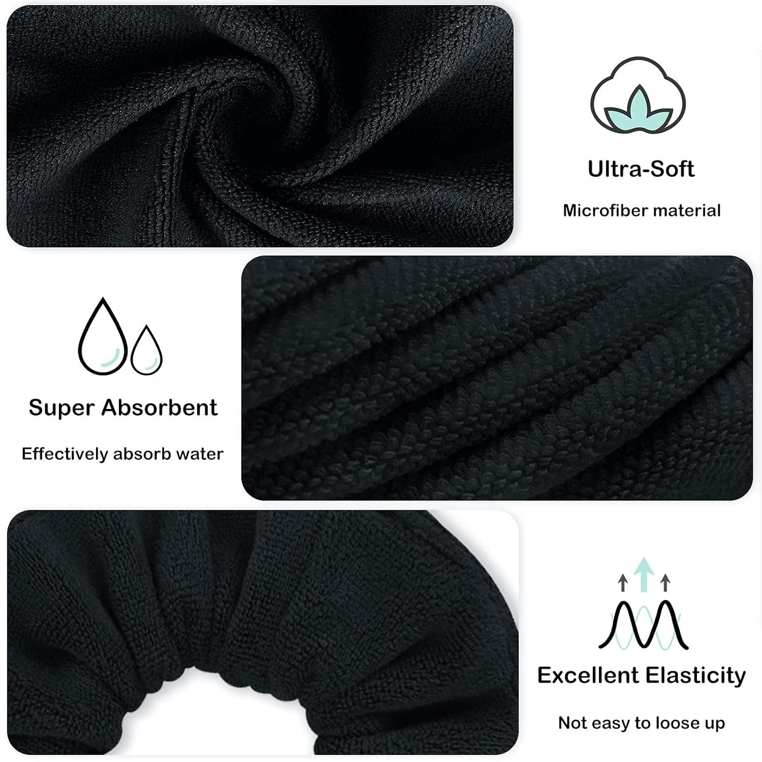 Super Towel Scrunchies or Drying Hair, Absorbent and Sot Microiber or rizz ree, Large Thick Ponytail Holder Wet Hair Accessories or Women and Girls, 4 PCS Black