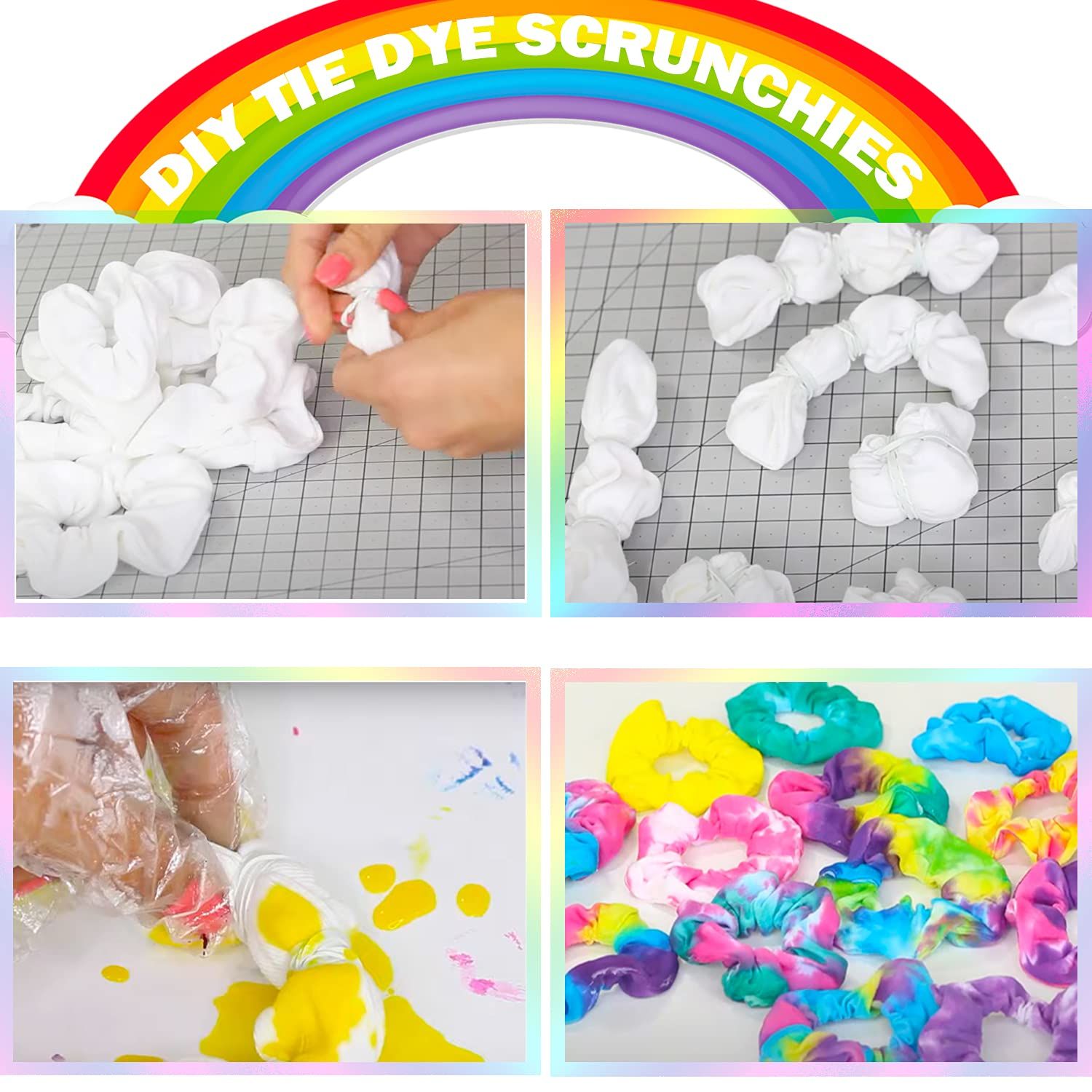 White Scrunchies or Tie Dye, DIY Cotton Bow Scrunchies, Headbands, 3 Kinds o Party Activities Hair Accessories or Girls and Women, 20 Pieces