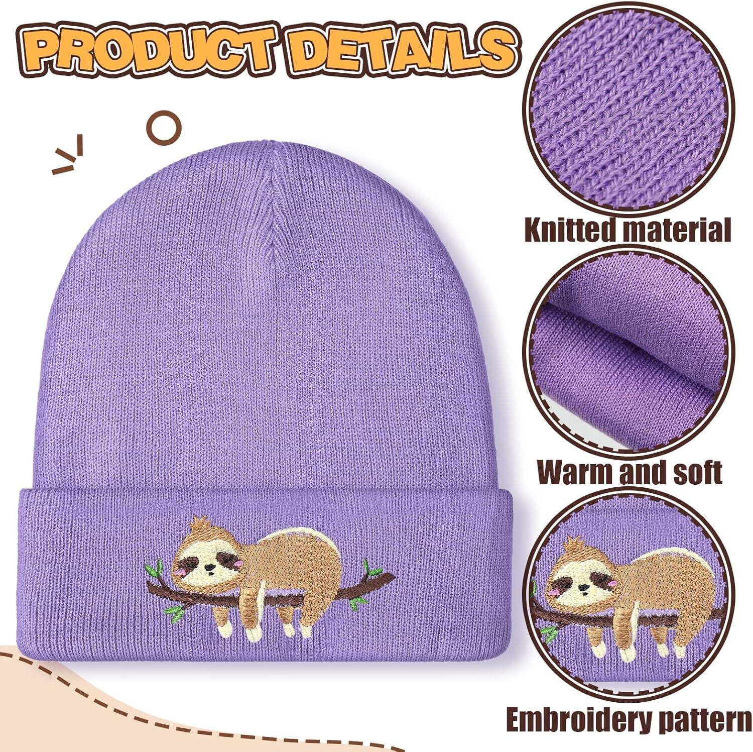 Sloth Beanie Winter Purple Hat or Women Cute Sloth Knitted Cap Winter Crochet Hat Gits or Women Animal Lovers