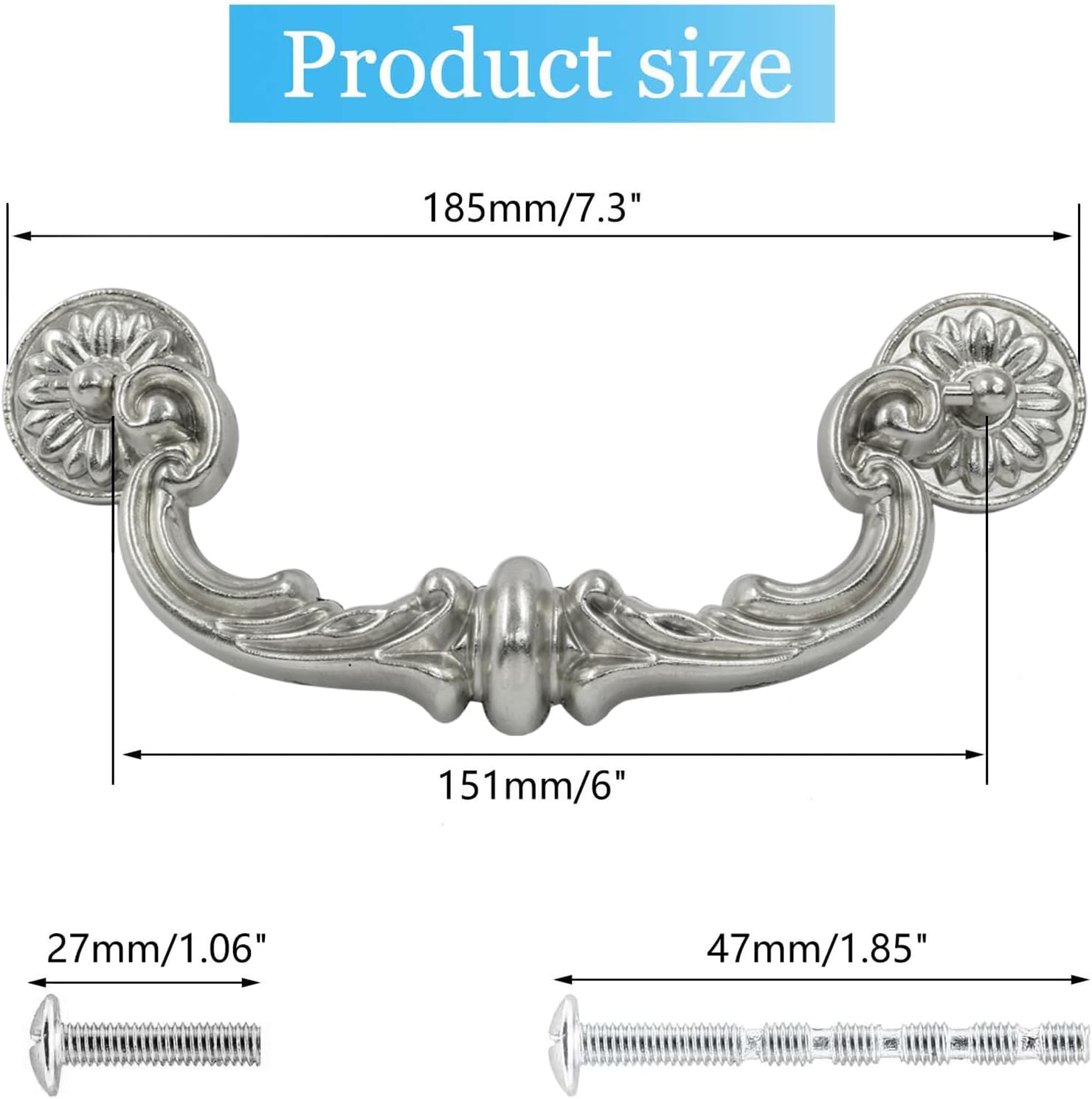 Biaungdo 4 Pcs 150 mm / 6 Inch Hole Center Pull Handles, Zinc Alloy Rustic Vintage Style Drop-Down Bail Swing Dresser Pull Handle Antique Drawer Handles for Kitchen, Cabinet Silver