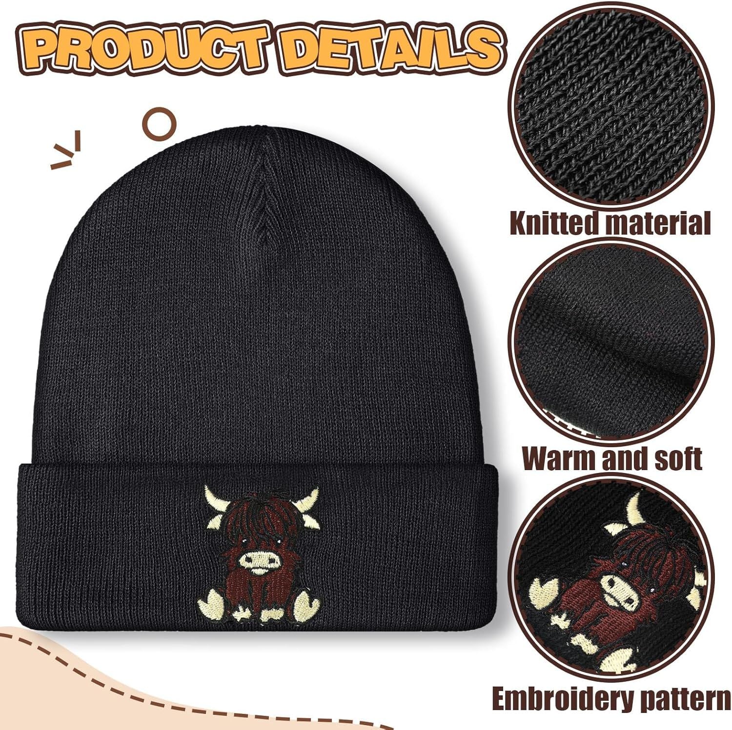 Black Highland Cow Beanie Winter Hat or Women Cute Beanie Womens Winter Hat Gits or Women Gits Animal Lovers