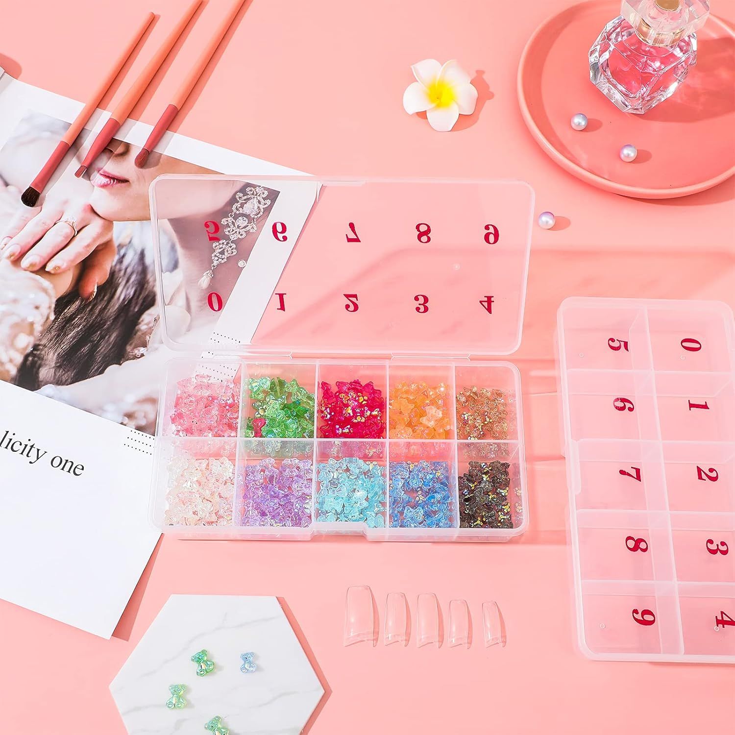 2 Pieces Nail Tip Box Empty alse Nail Tips Organizer Box with 10 Number Spaces Storage Case Container Nails Plastic Grid Boxes or ingernail Crystal Jewelry Accessories White