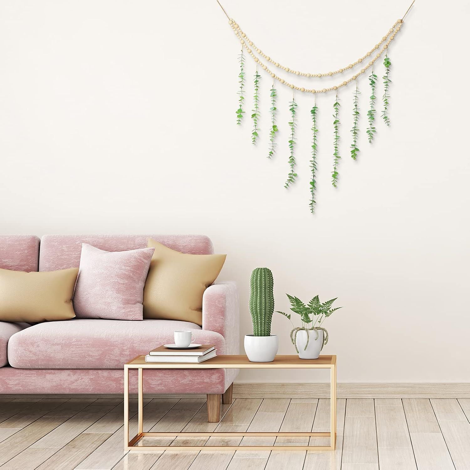 Hanging Eucalyptus Boho Wall Decor Large Boho Bedroom Wall Hanging Wooden Bead Garland Artiicial Eucalyptus Natural Greenery Decoration, 36 x 36 Inch