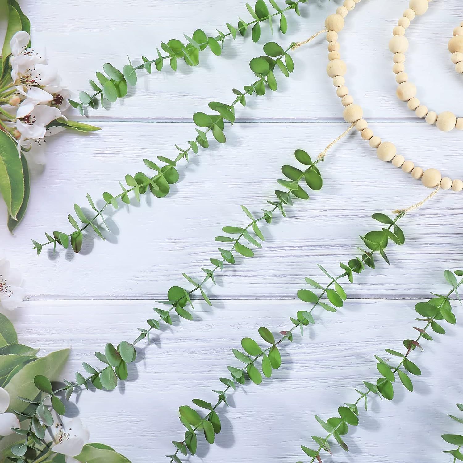 Hanging Eucalyptus Boho Wall Decor Large Boho Bedroom Wall Hanging Wooden Bead Garland Artiicial Eucalyptus Natural Greenery Decoration, 36 x 36 Inch