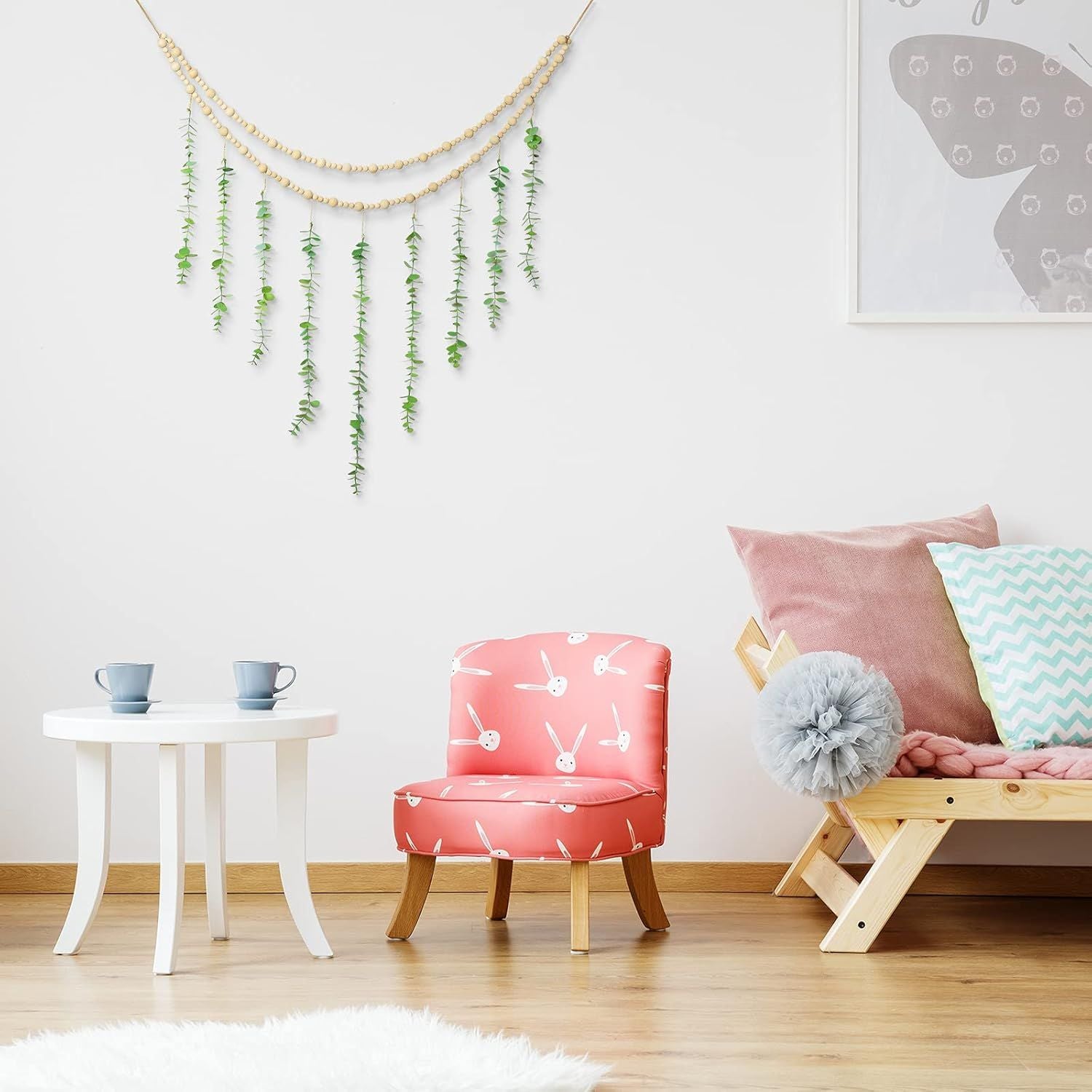 Hanging Eucalyptus Boho Wall Decor Large Boho Bedroom Wall Hanging Wooden Bead Garland Artiicial Eucalyptus Natural Greenery Decoration, 36 x 36 Inch