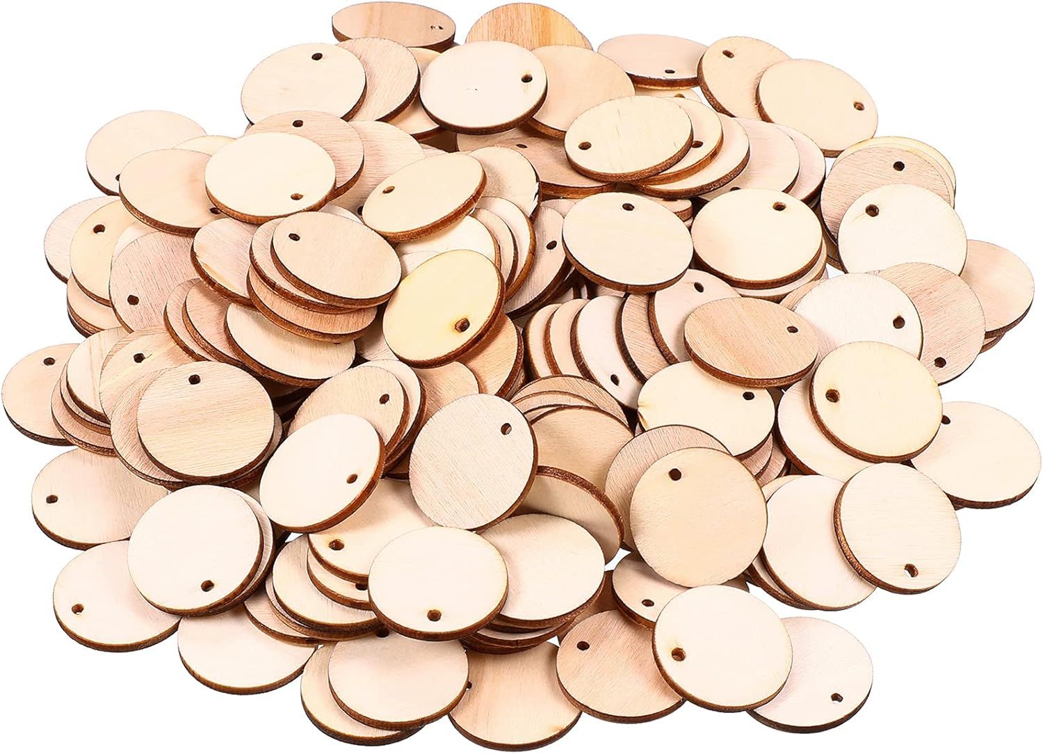 200 Pieces Uninished Blank Wood Circle Pendants Round Disc Circle Wood Pieces Round Wooden Disk with Hole Small Wooden Pendant or Crat Decoration Embellishment Diameter 1 Inch, Aperture 0.08 Inch
