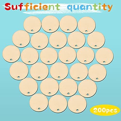 200 Pieces Uninished Blank Wood Circle Pendants Round Disc Circle Wood Pieces Round Wooden Disk with Hole Small Wooden Pendant or Crat Decoration Embellishment Diameter 1 Inch, Aperture 0.08 Inch