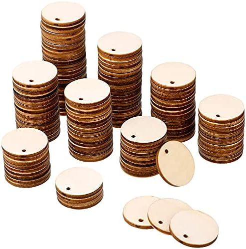 200 Pieces Uninished Blank Wood Circle Pendants Round Disc Circle Wood Pieces Round Wooden Disk with Hole Small Wooden Pendant or Crat Decoration Embellishment Diameter 1 Inch, Aperture 0.08 Inch